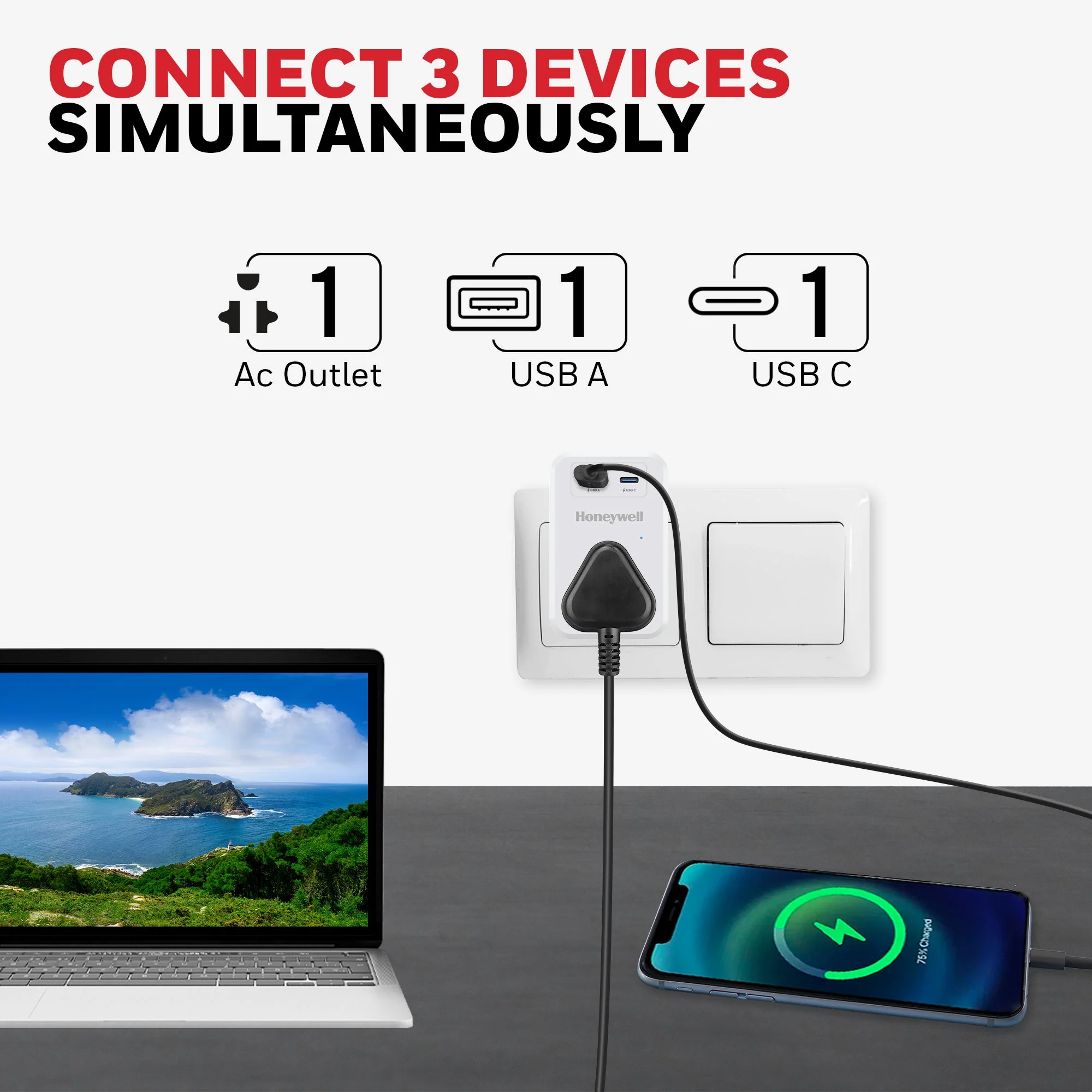 1 Outlet Surge Cube with 1xType C with PD & 1xUSB - White - Image 3