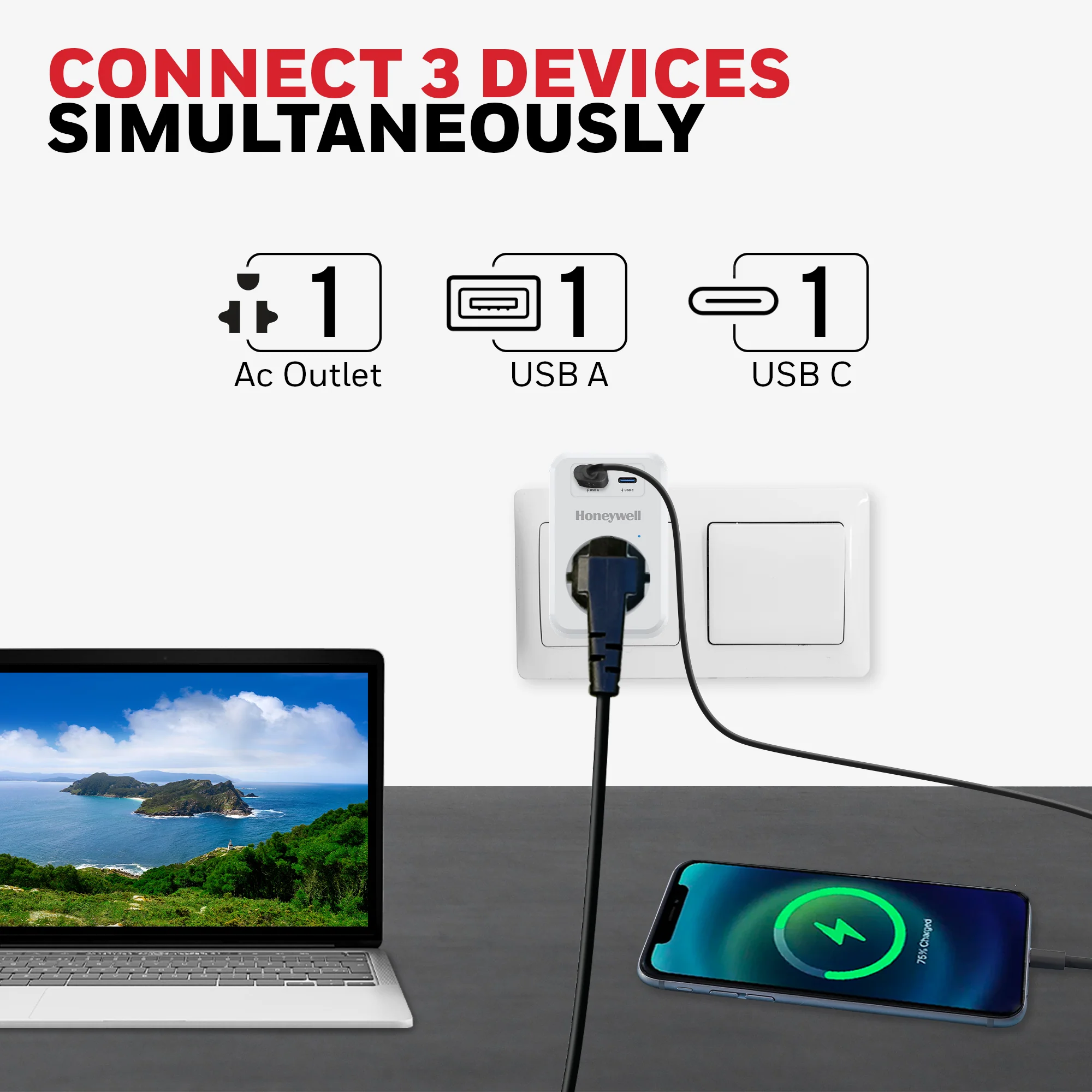 1 Outlet Surge Cube with 1xType C with PD & 1xUSB - White - Image 3