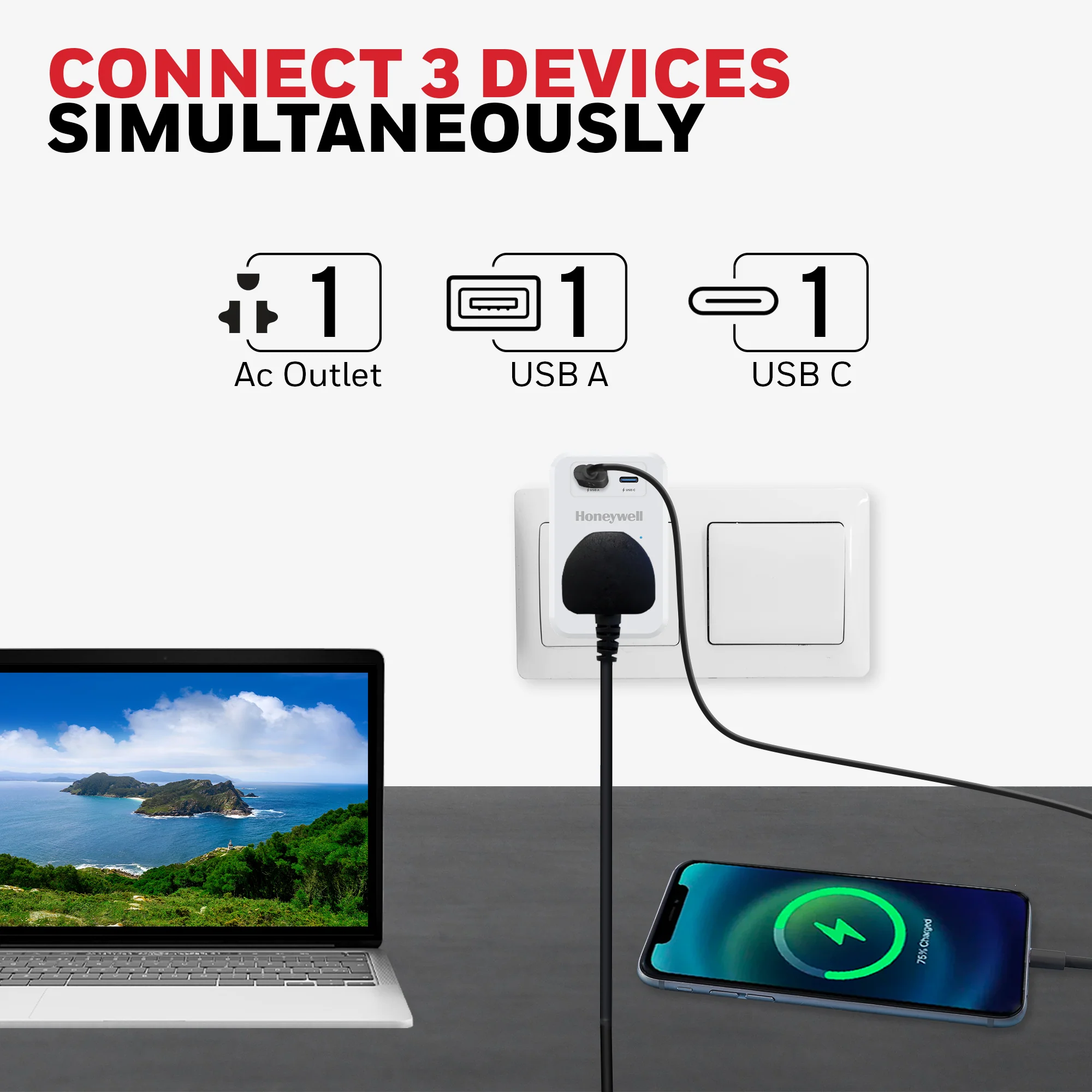1 Outlet Surge Cube with 1xType C with PD & 1xUSB - White - Image 3