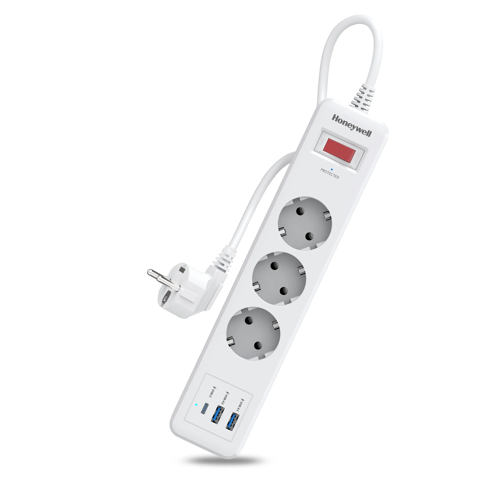 3 Outlet Surge Protector With 1xType C & 2xUSB - White