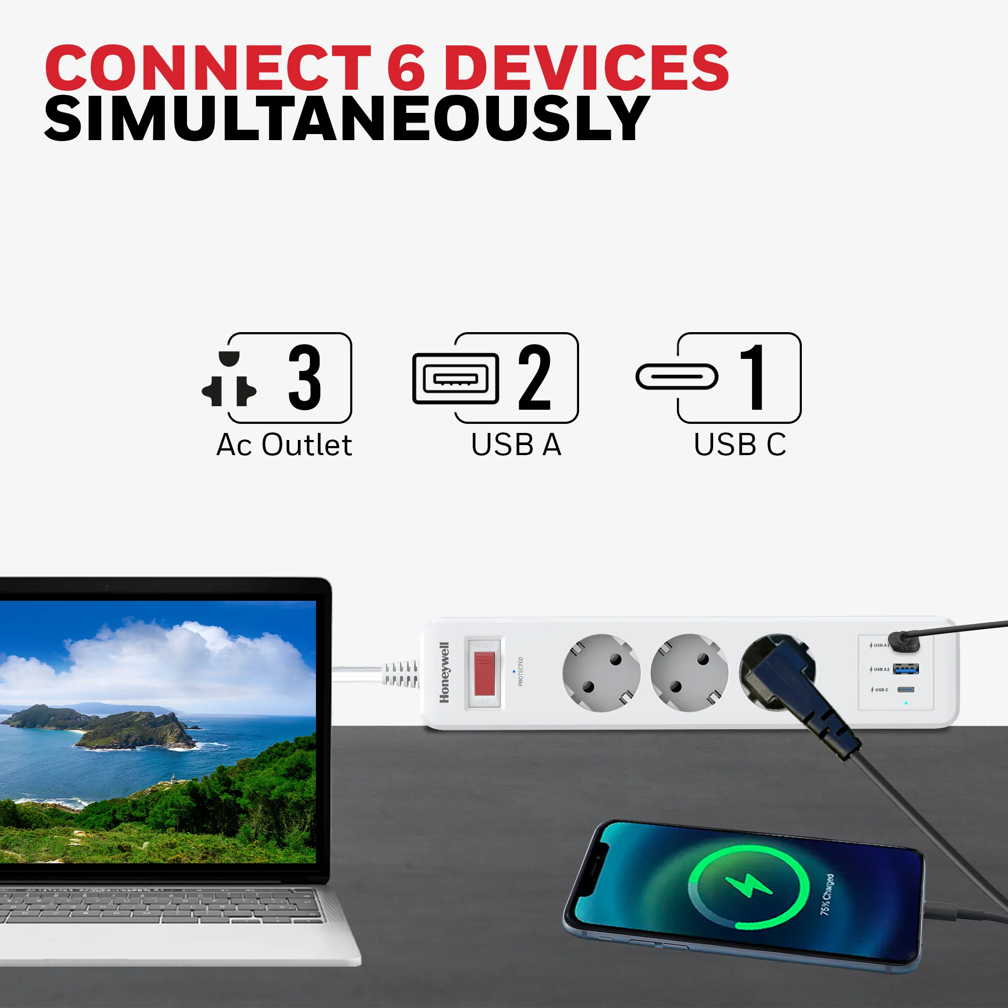 3 Outlet Surge Protector With 1xType C & 2xUSB - White - Image 2