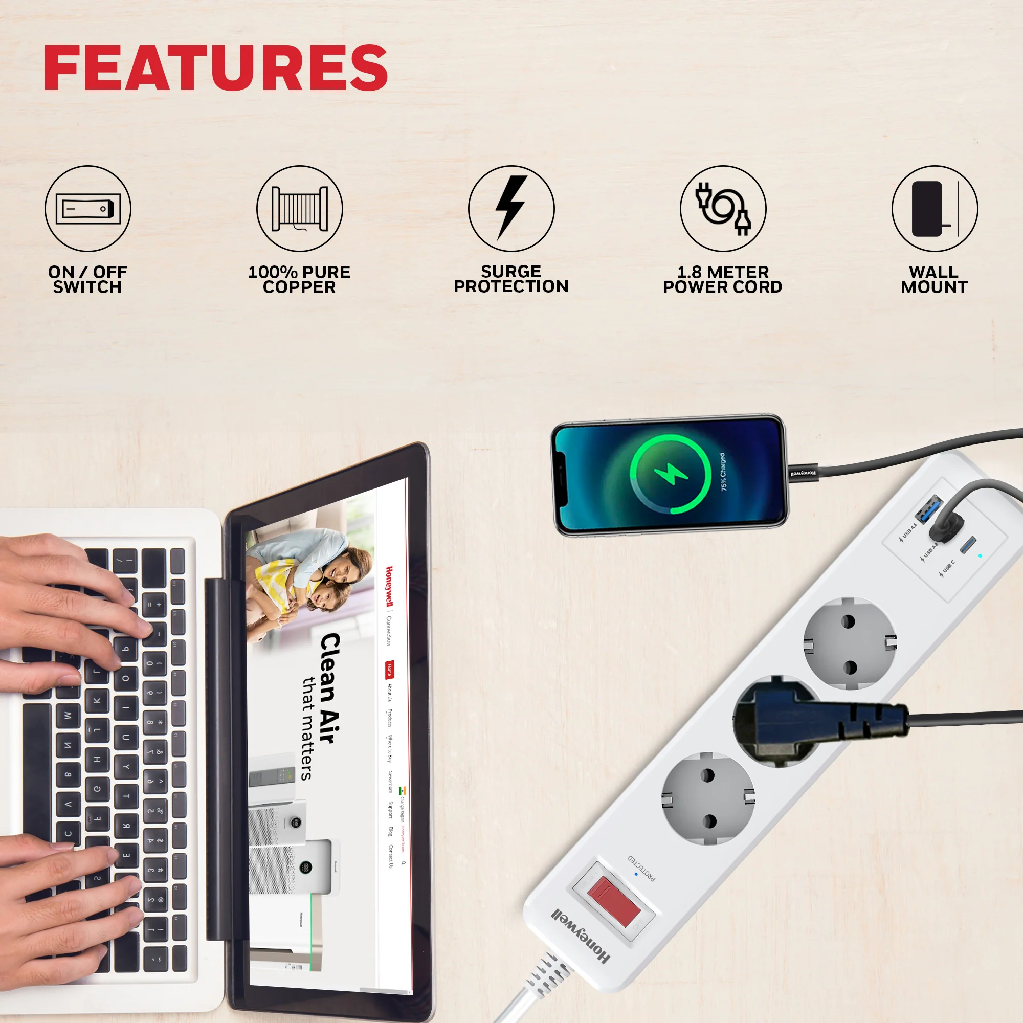 3 Outlet Surge Protector With 1xType C & 2xUSB - White - Image 4