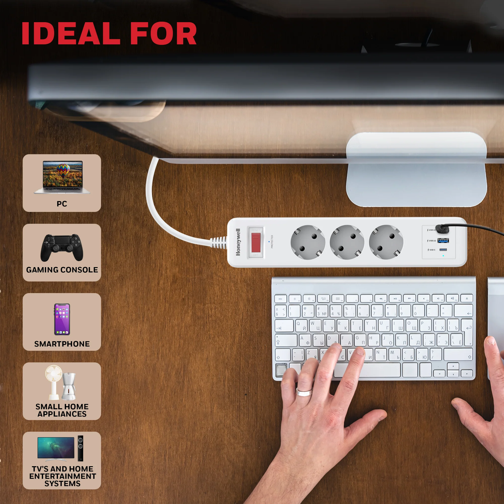 3 Outlet Surge Protector With 1xType C & 2xUSB - White - Image 5