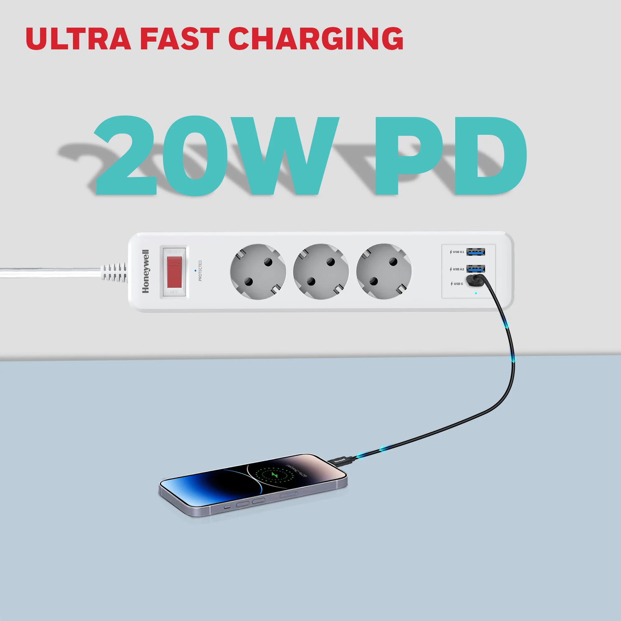 3 Outlet Surge Protector With 1xType C & 2xUSB - White - Image 6