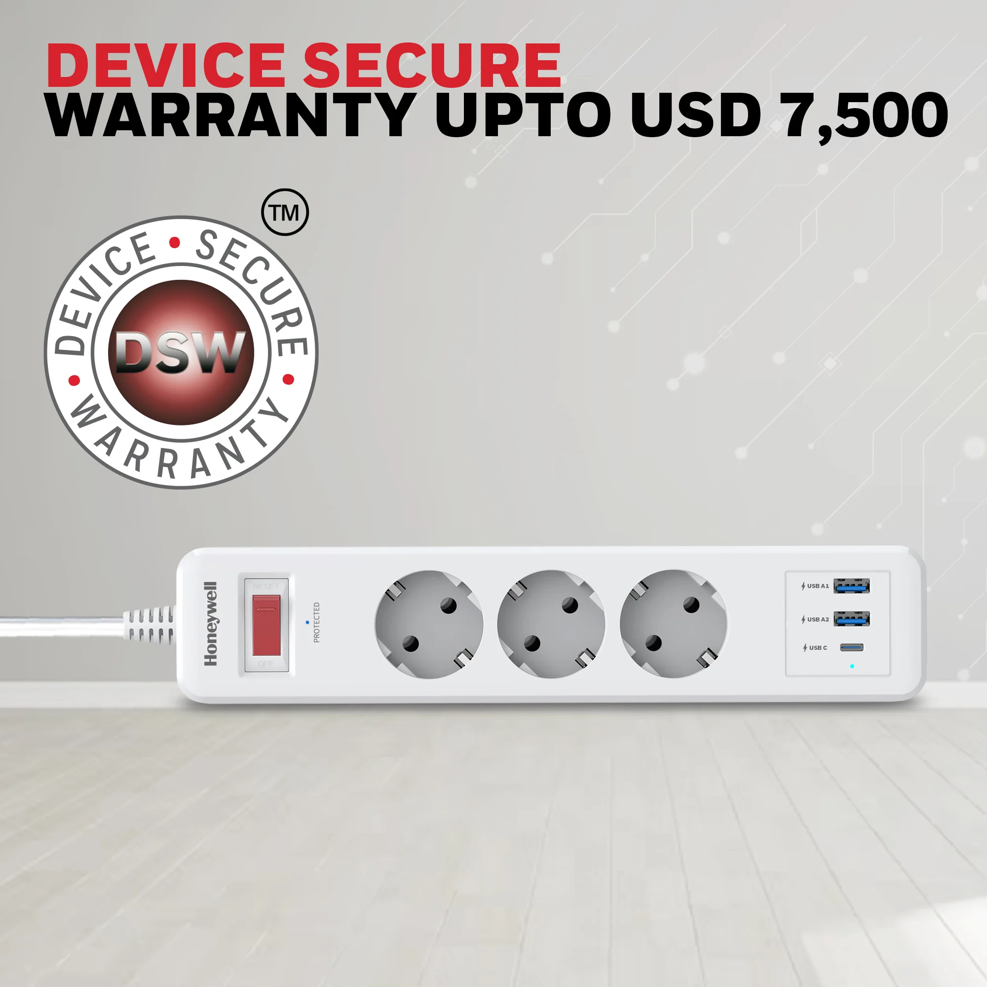 3 Outlet Surge Protector With 1xType C & 2xUSB - White - Image 7