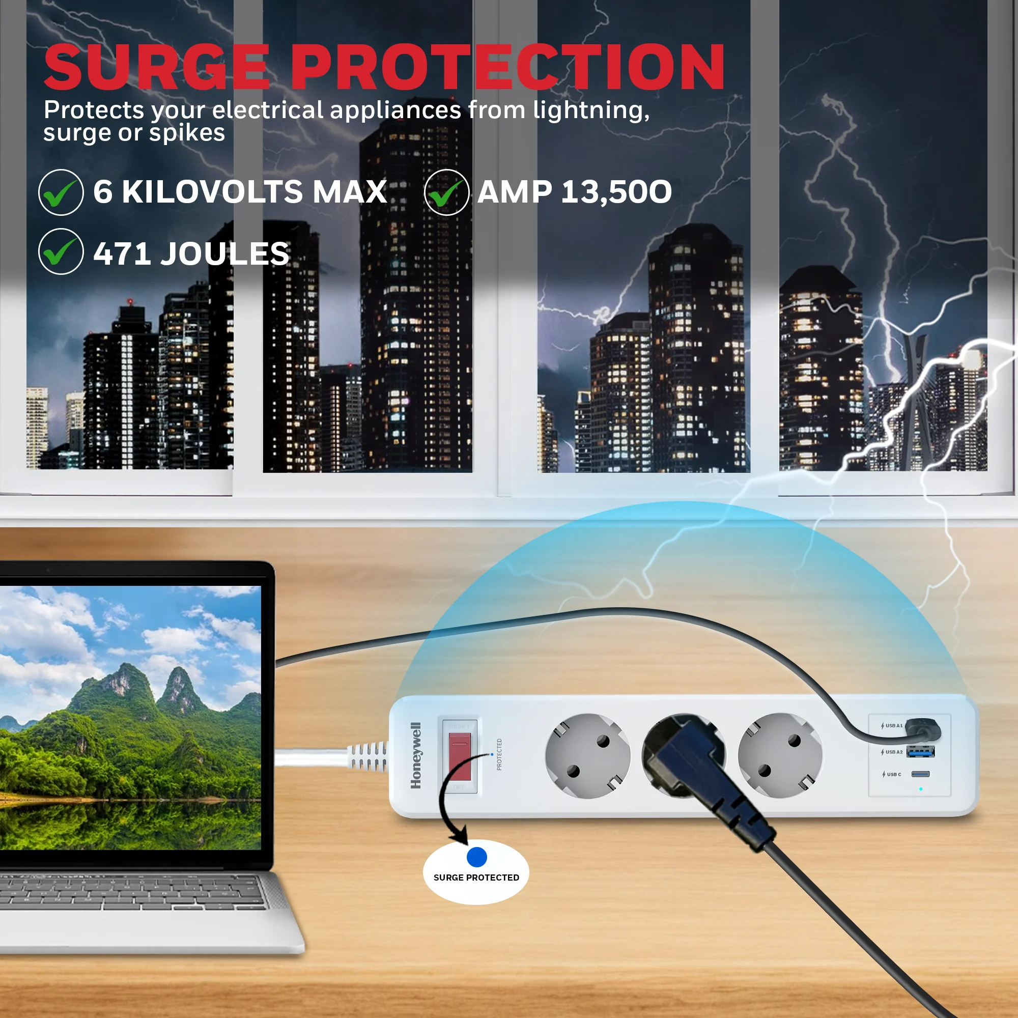3 Outlet Surge Protector With 1xType C & 2xUSB - White - Image 8