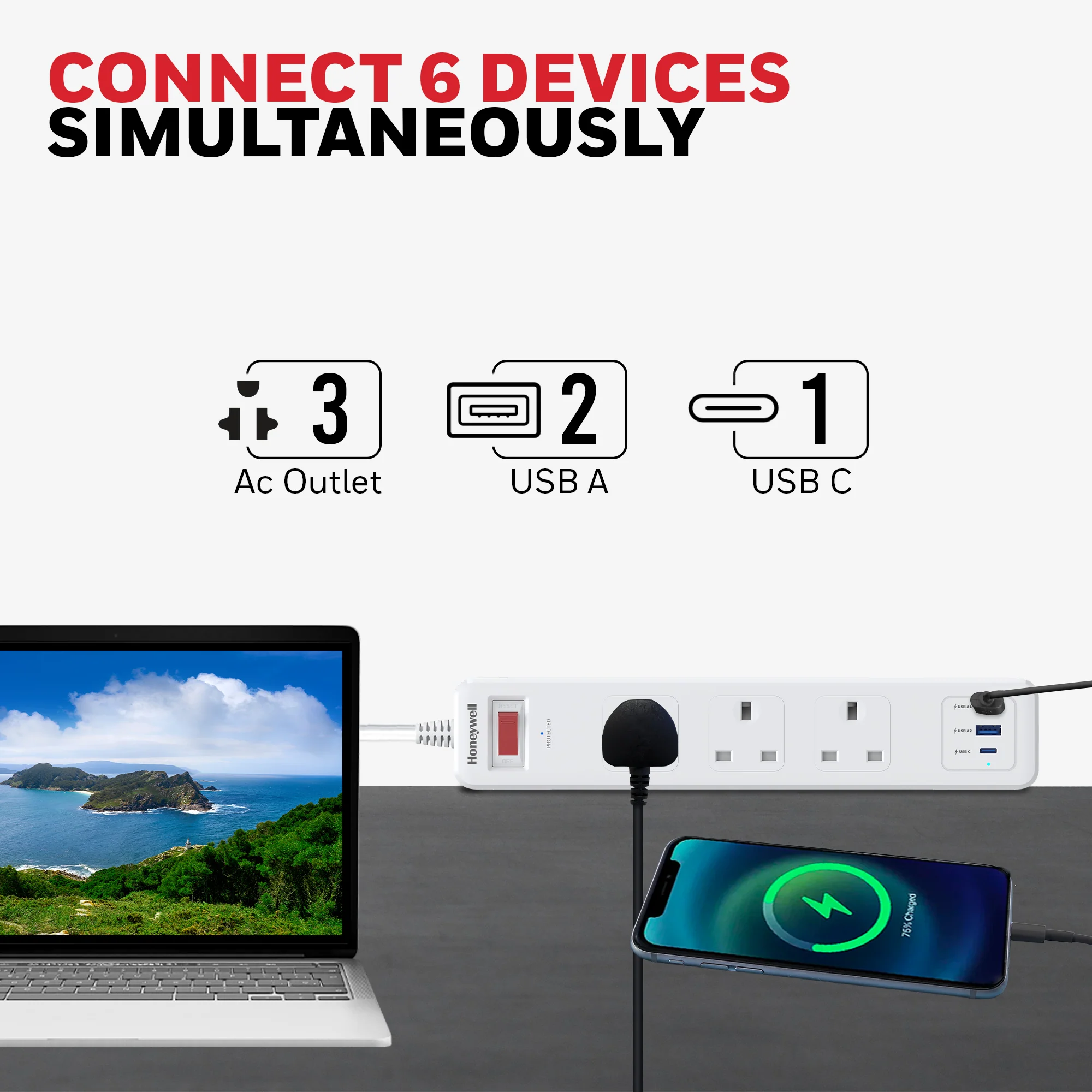 3 Outlet Surge Protector With 1xType C & 2xUSB - White - Image 2