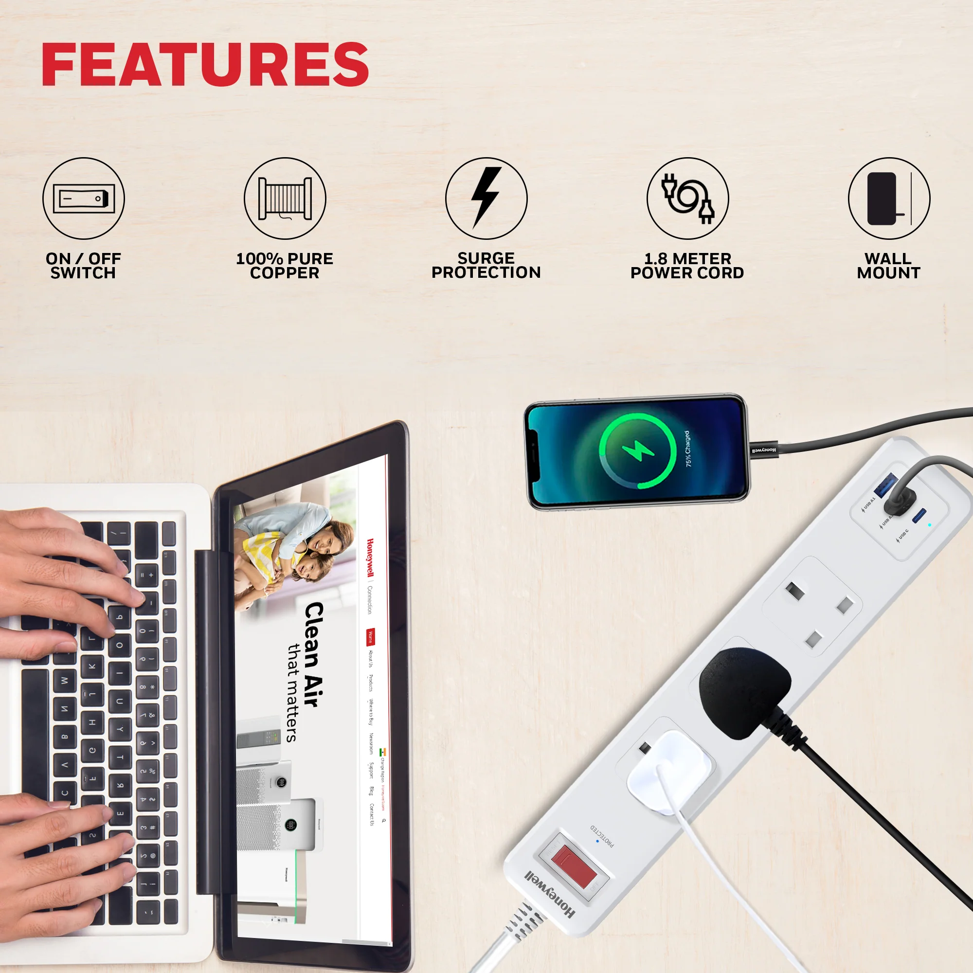 3 Outlet Surge Protector With 1xType C & 2xUSB - White - Image 4