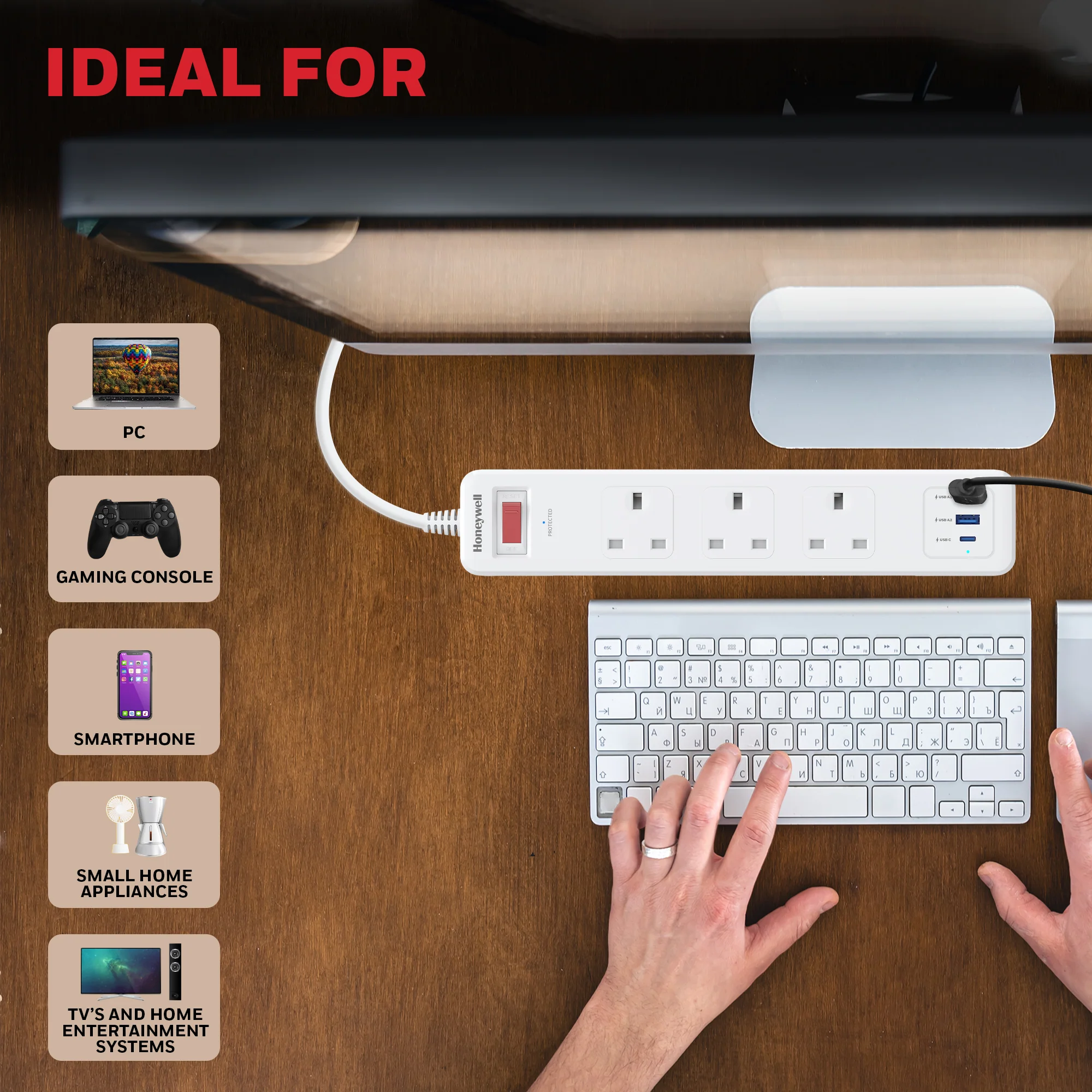 3 Outlet Surge Protector With 1xType C & 2xUSB - White - Image 5