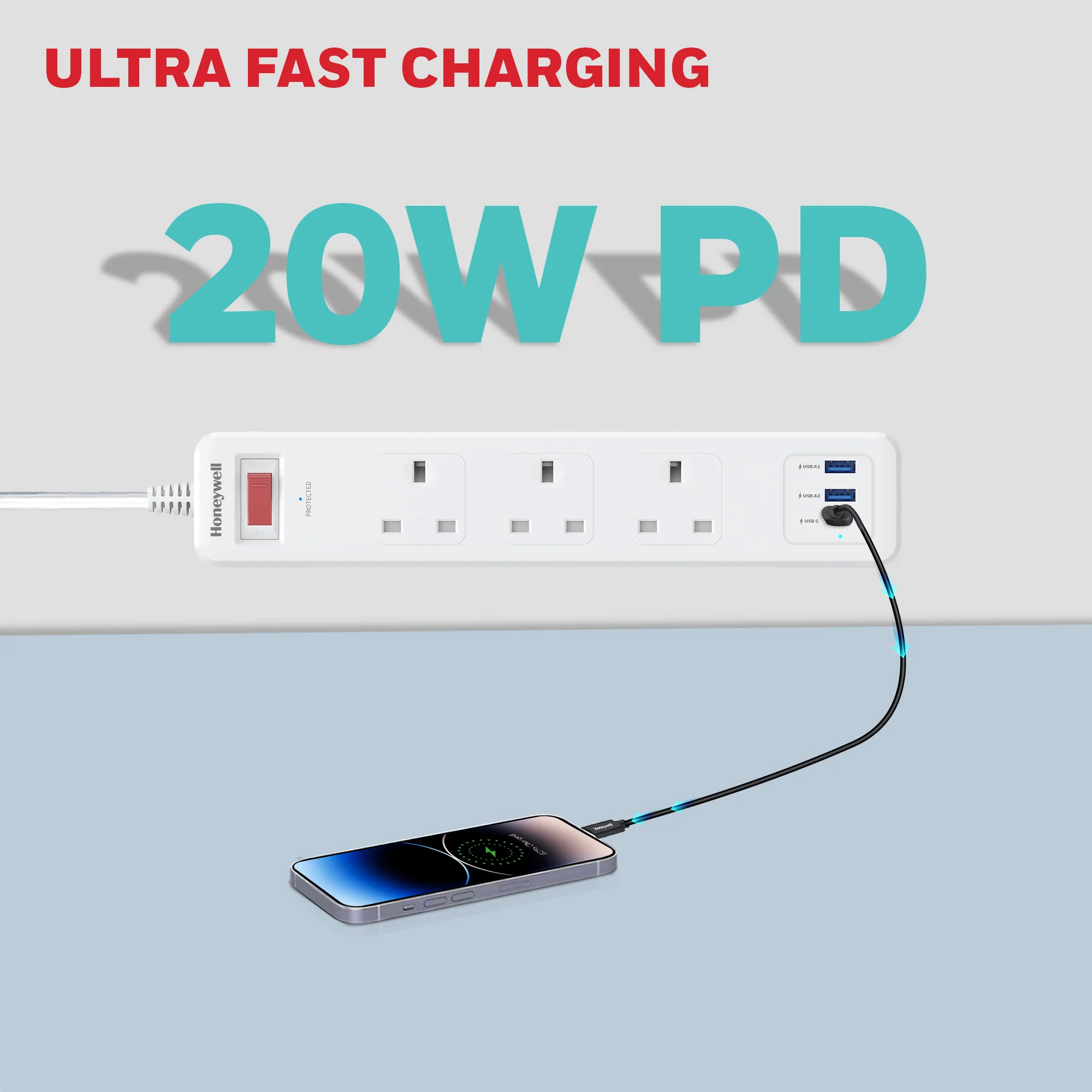 3 Outlet Surge Protector With 1xType C & 2xUSB - White - Image 6