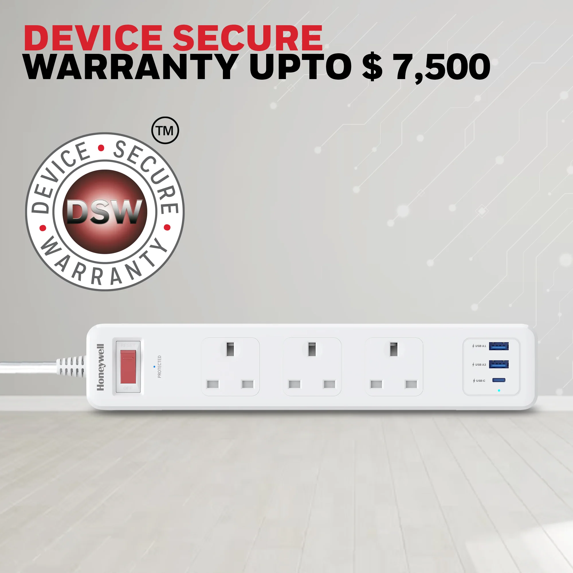 3 Outlet Surge Protector With 1xType C & 2xUSB - White - Image 7