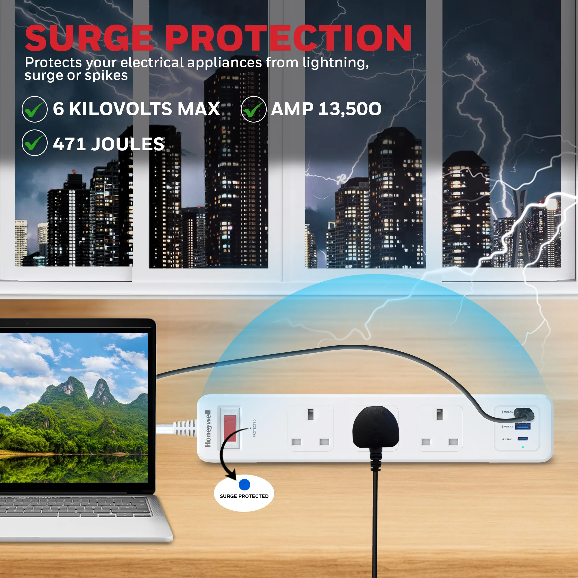 3 Outlet Surge Protector With 1xType C & 2xUSB - White - Image 8