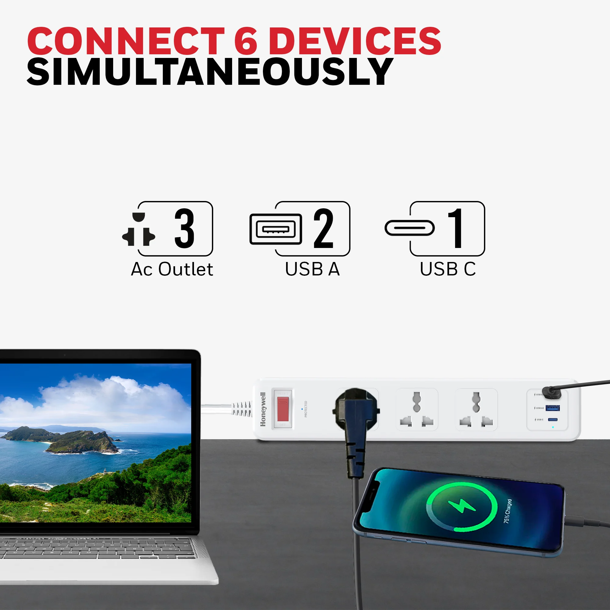 3 Outlet Surge Protector With 1xType C & 2xUSB - White - Image 2