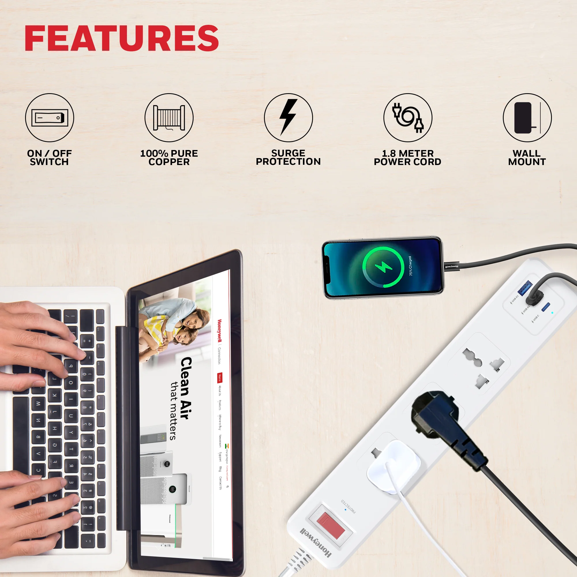 3 Outlet Surge Protector With 1xType C & 2xUSB - White - Image 4