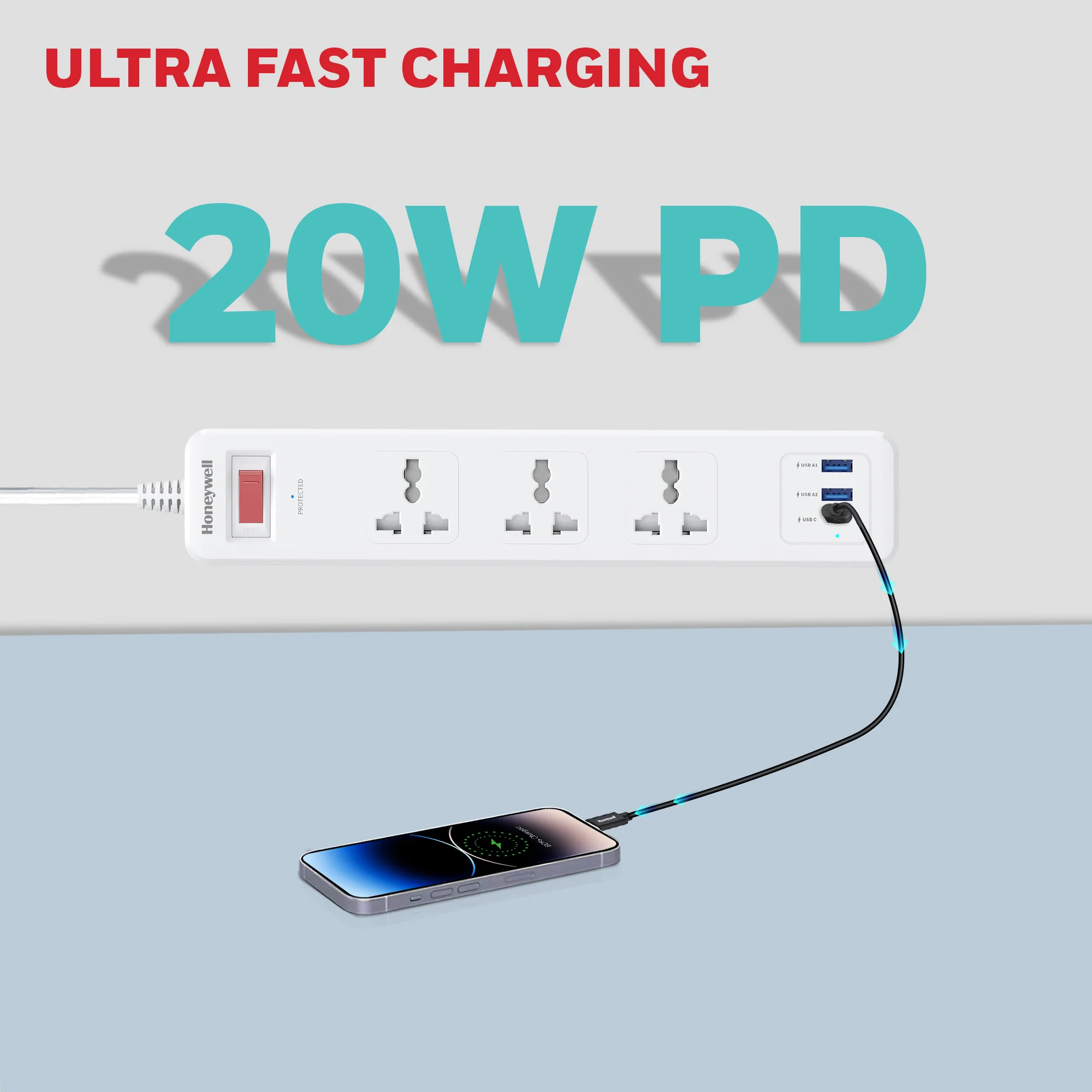 3 Outlet Surge Protector With 1xType C & 2xUSB - White - Image 6