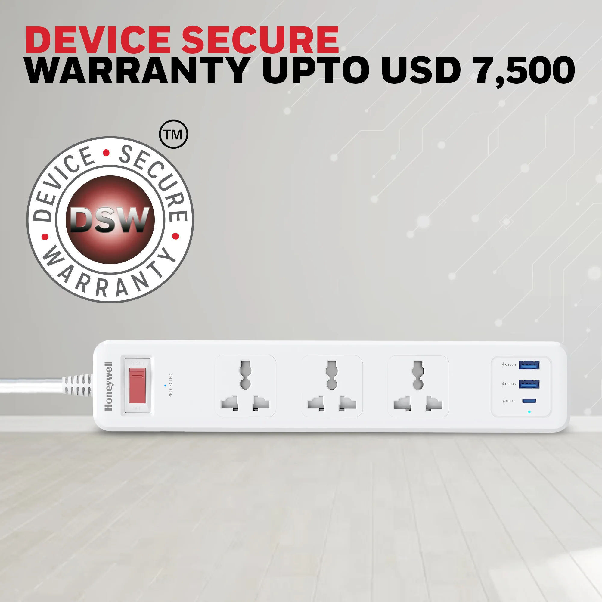 3 Outlet Surge Protector With 1xType C & 2xUSB - White - Image 7