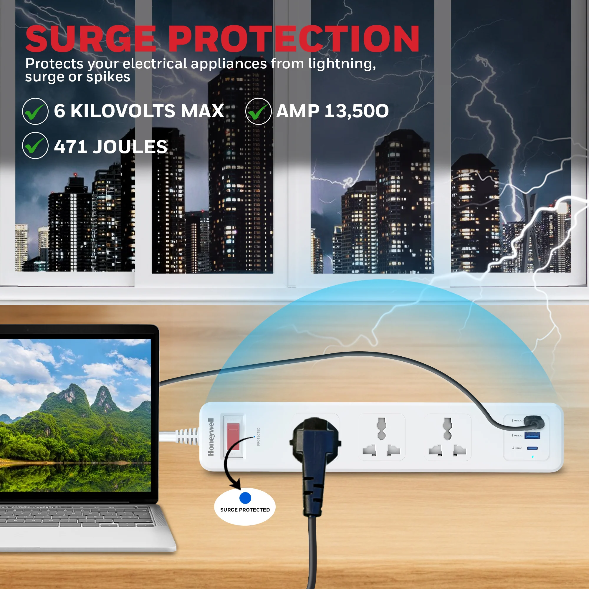 3 Outlet Surge Protector With 1xType C & 2xUSB - White - Image 8