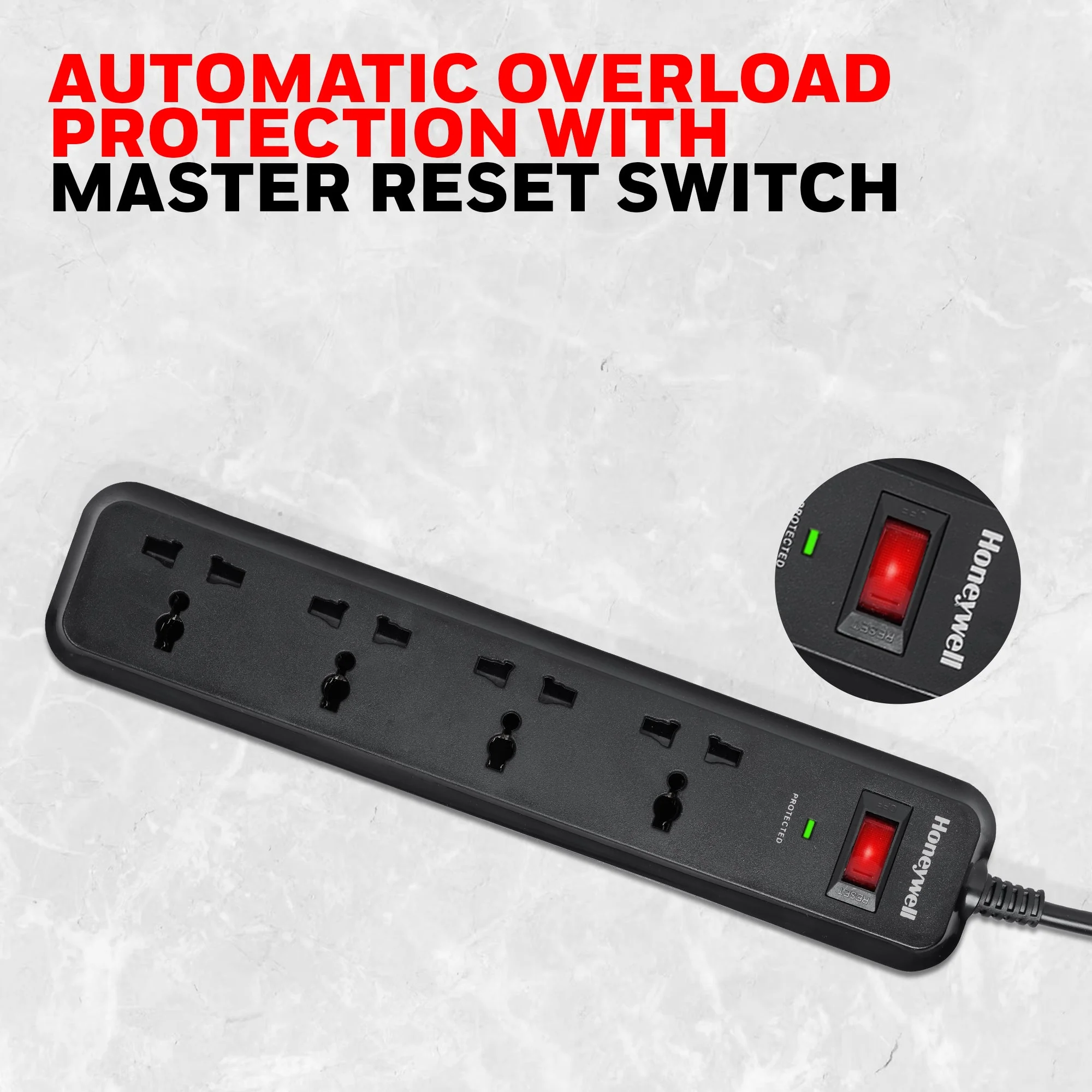4 out surge protector with master switch - Black - Image 4