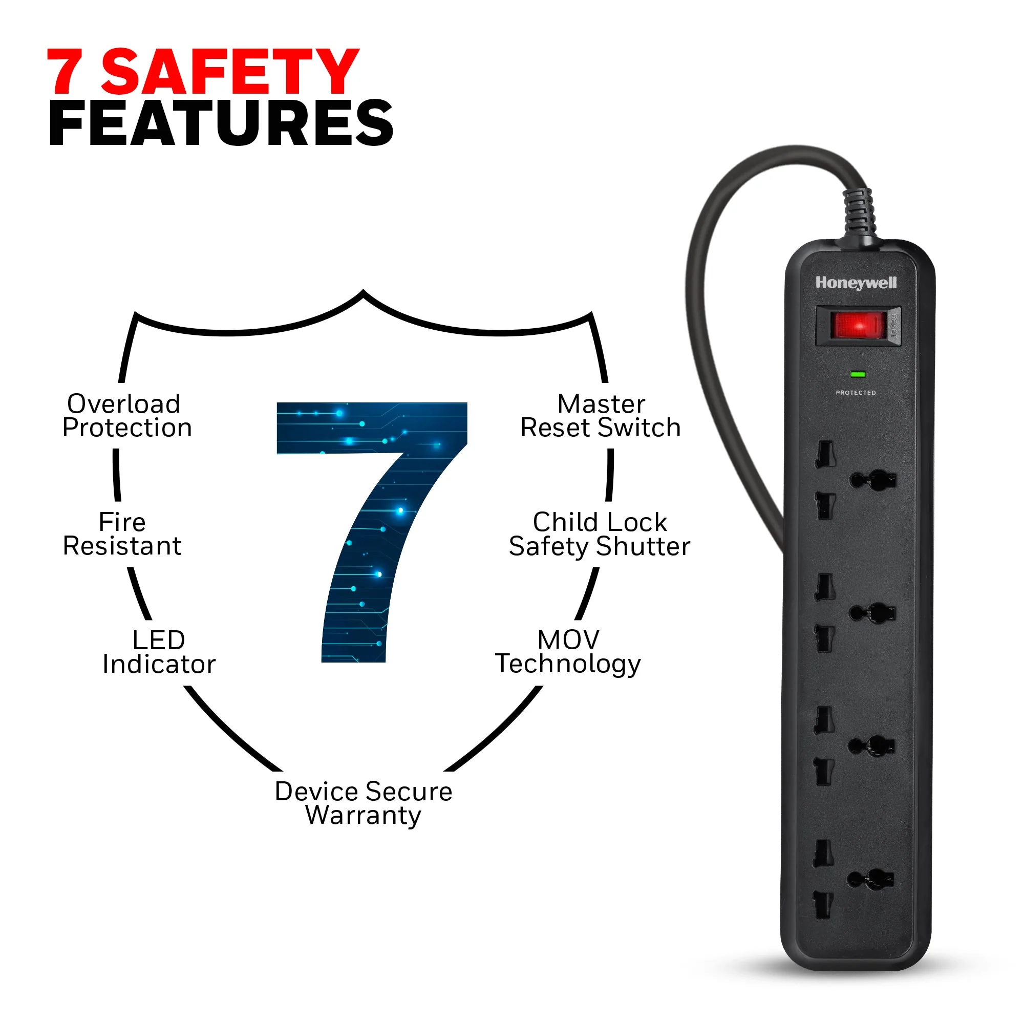 4 out surge protector with master switch - Black - Image 6