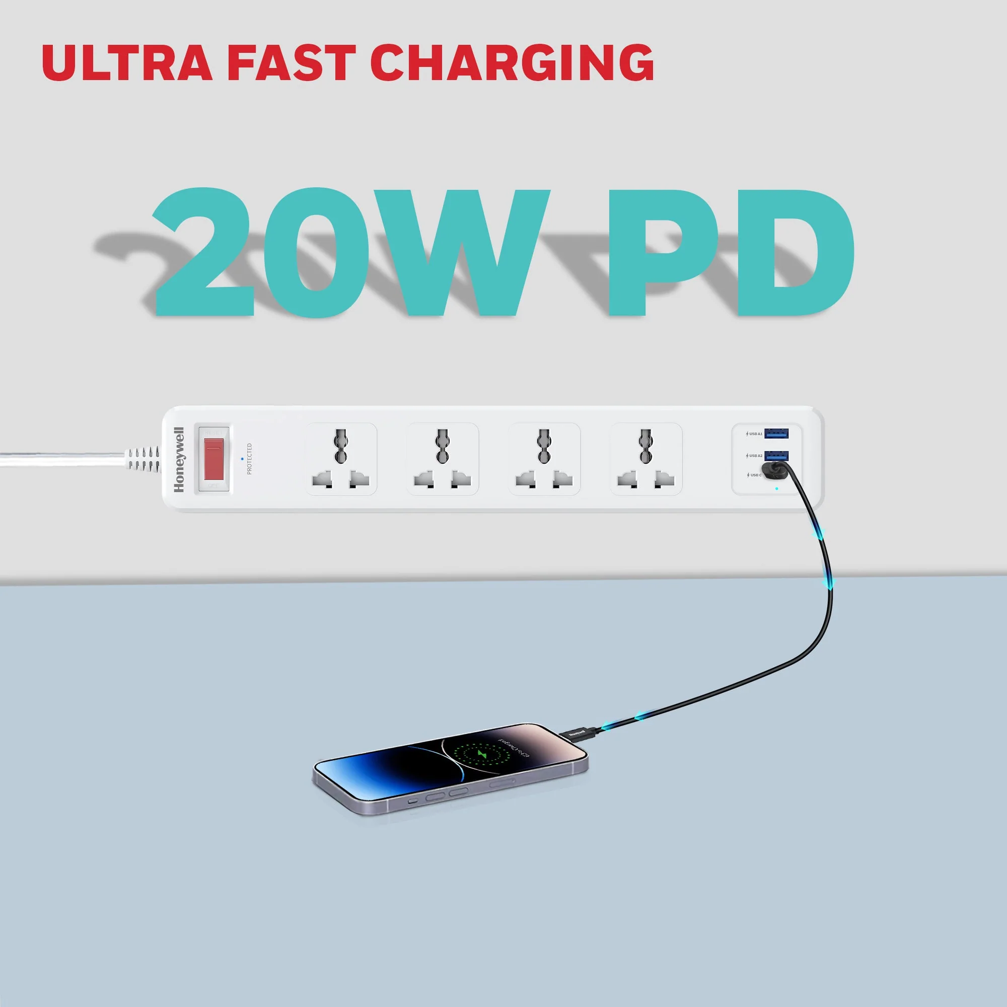 4 Outlet Surge Protector with 1xType C with PD & 2xUSB - White - Image 4