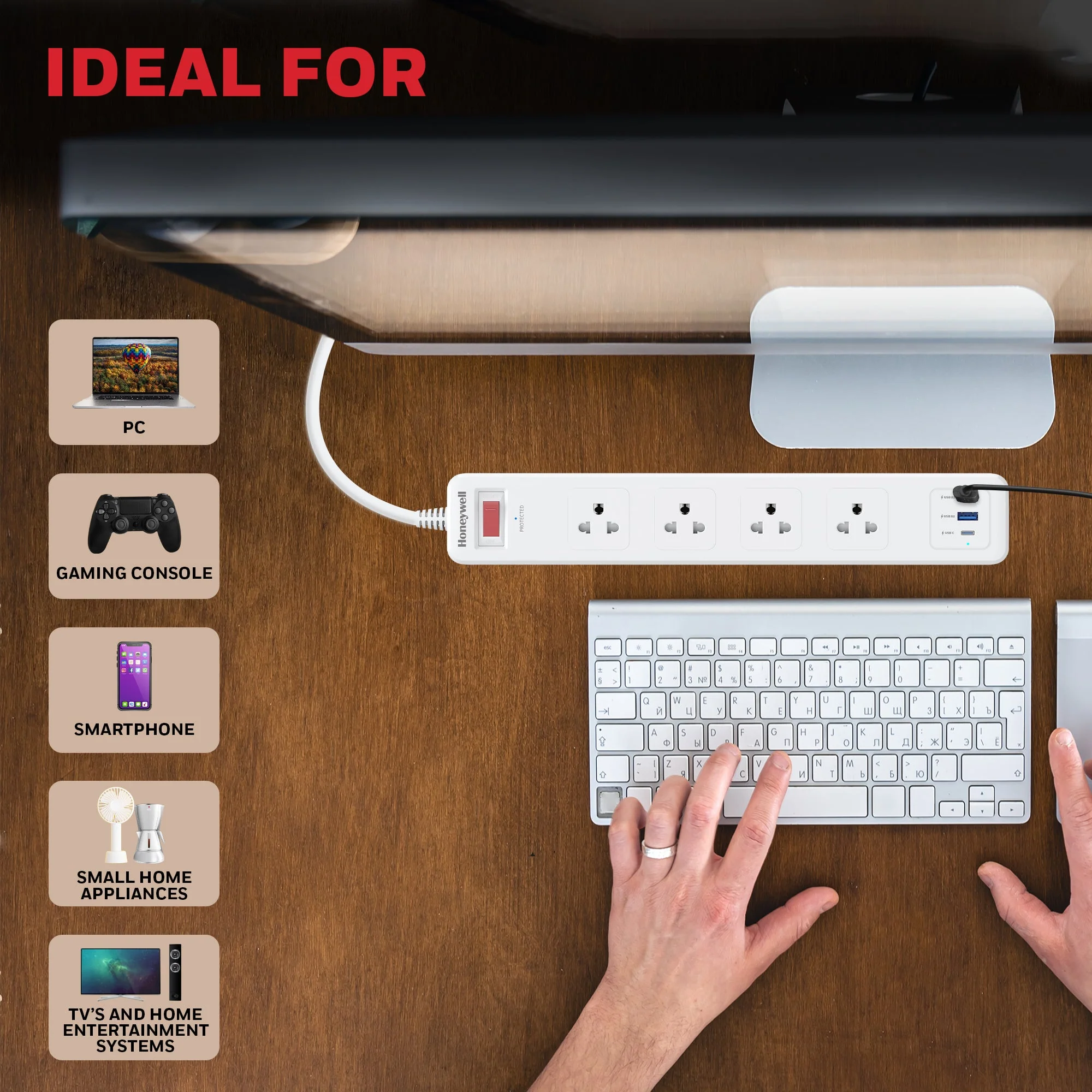 4 Outlet Surge Protector with 1xType C with PD & 2xUSB - White - Image 6