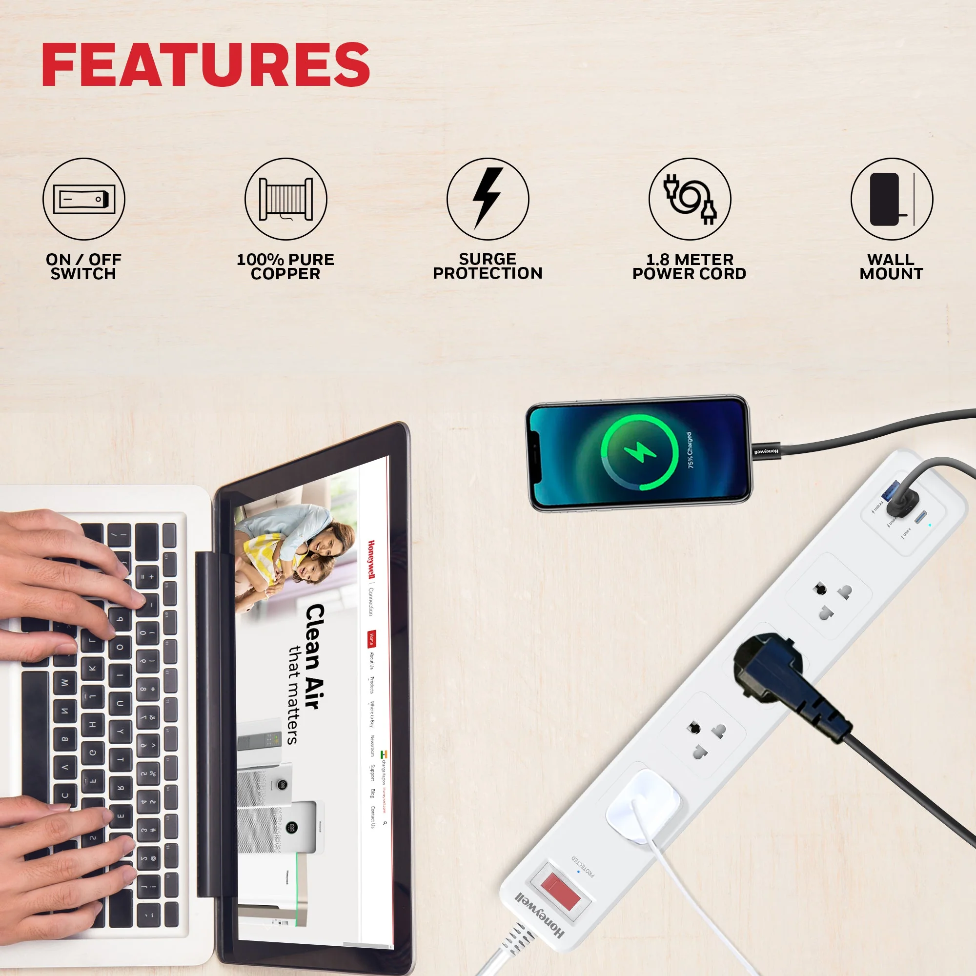 4 Outlet Surge Protector with 1xType C with PD & 2xUSB - White - Image 7