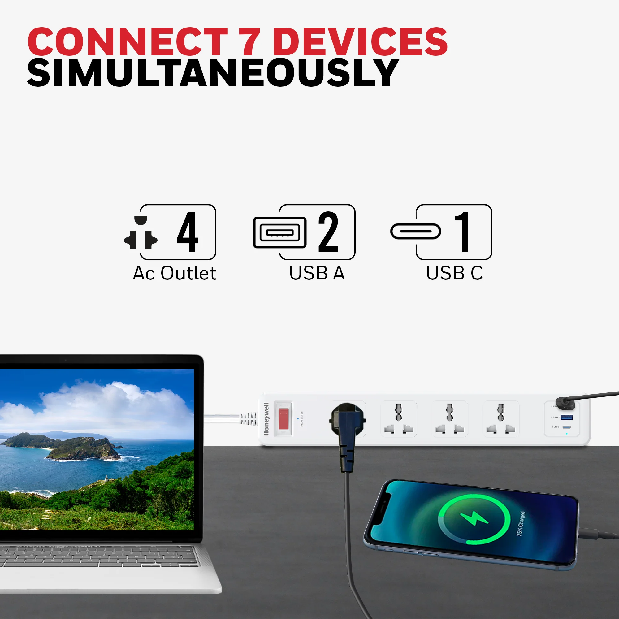 4 Outlet Surge Protector with 1xType C with PD & 2xUSB - White - Image 2