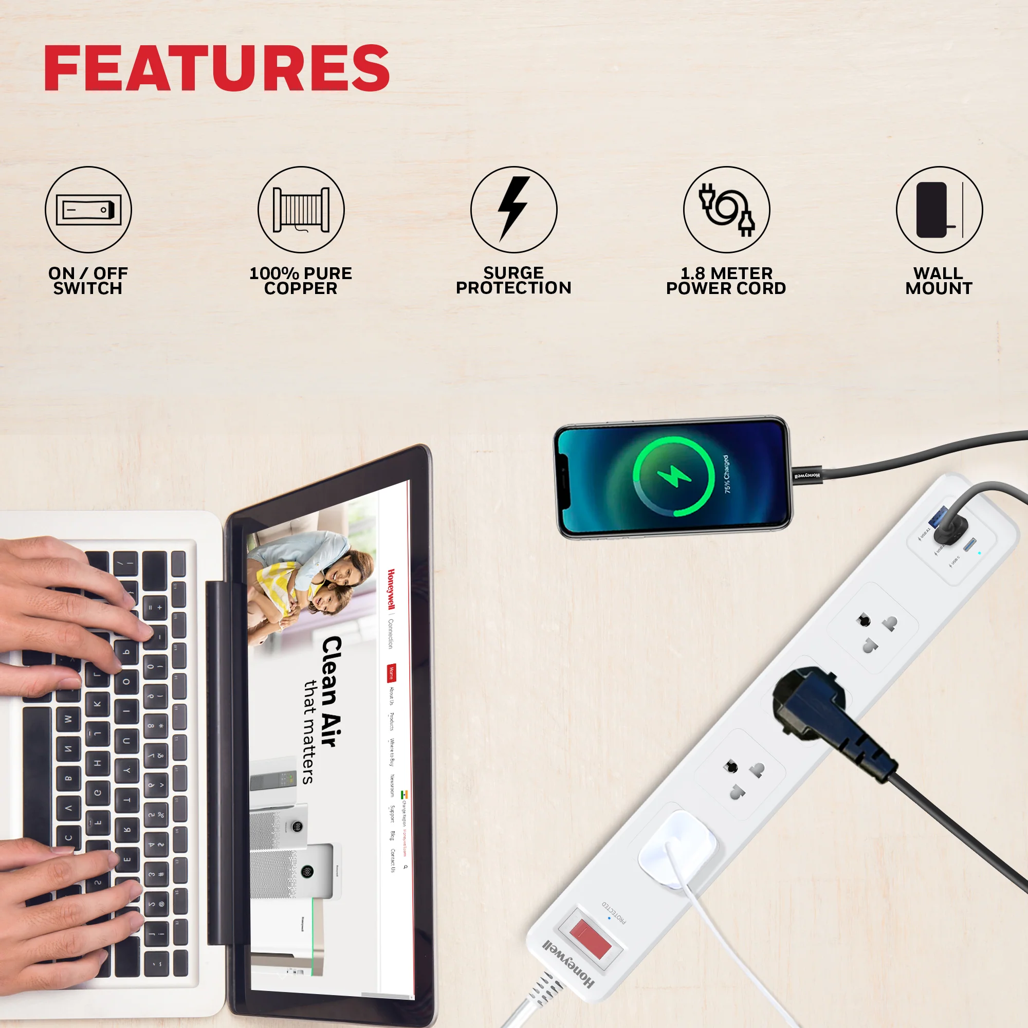 4 Outlet Surge Protector with 1xType C with PD & 2xUSB - White - Image 4