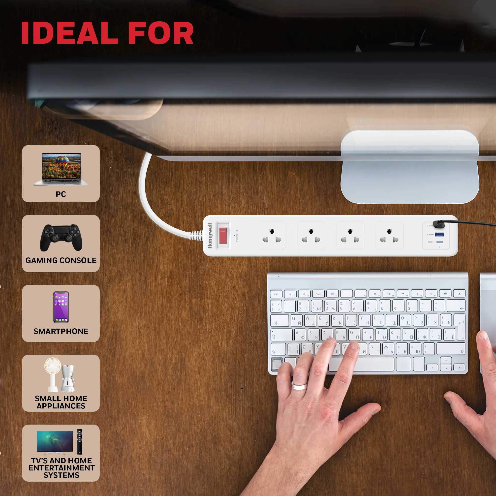 4 Outlet Surge Protector with 1xType C with PD & 2xUSB - White - Image 5