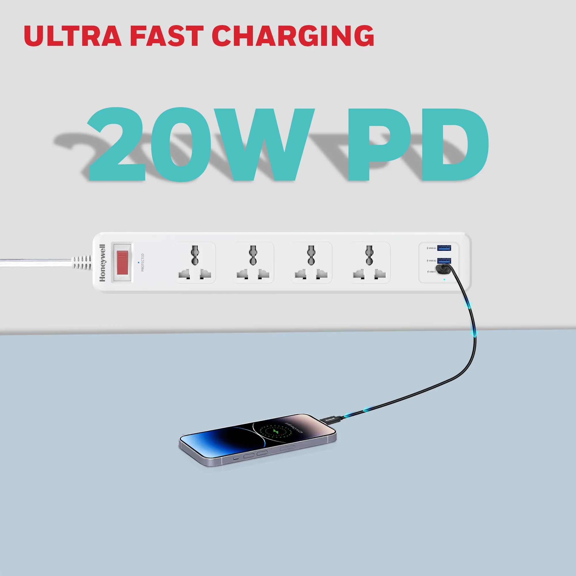 4 Outlet Surge Protector with 1xType C with PD & 2xUSB - White - Image 6