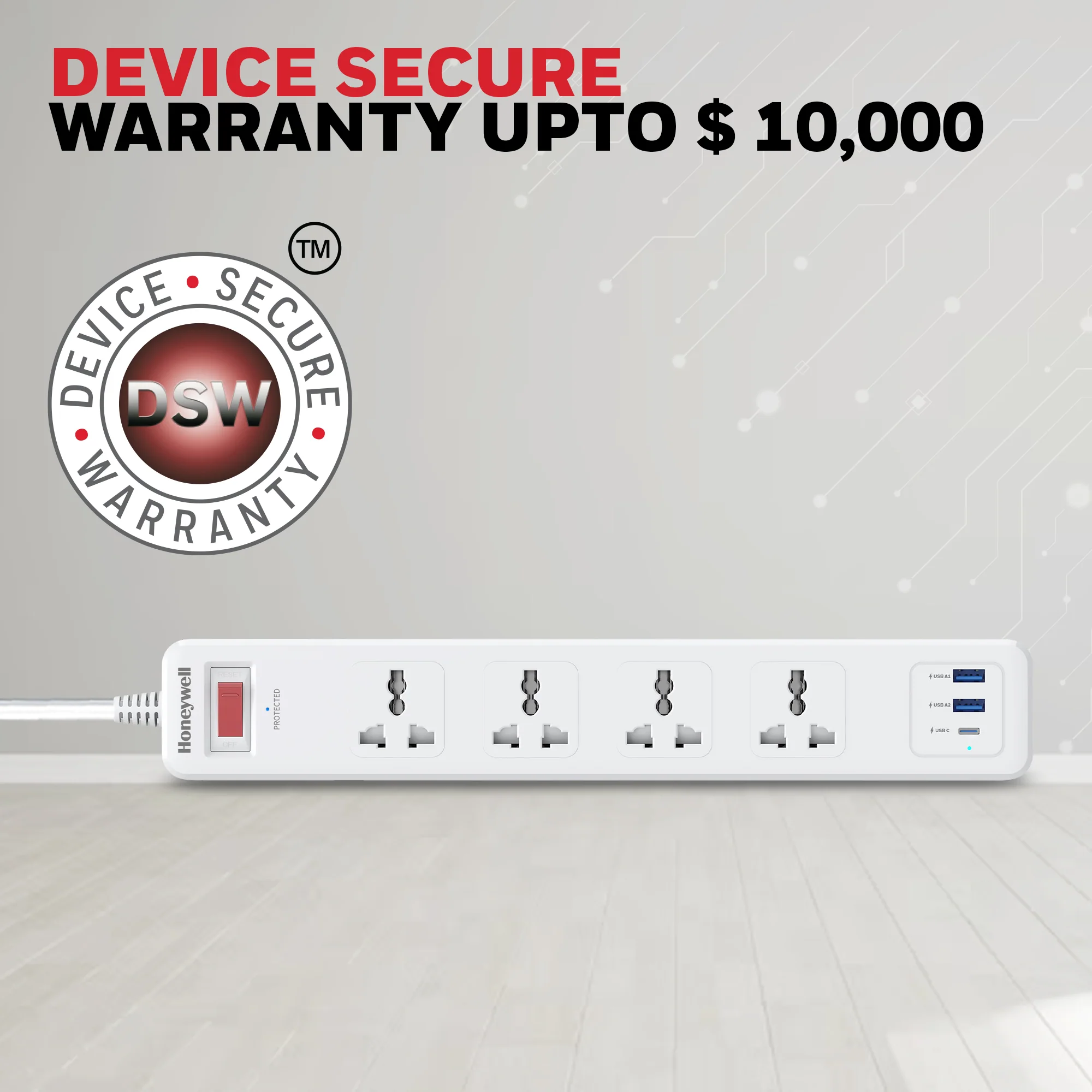 4 Outlet Surge Protector with 1xType C with PD & 2xUSB - White - Image 7