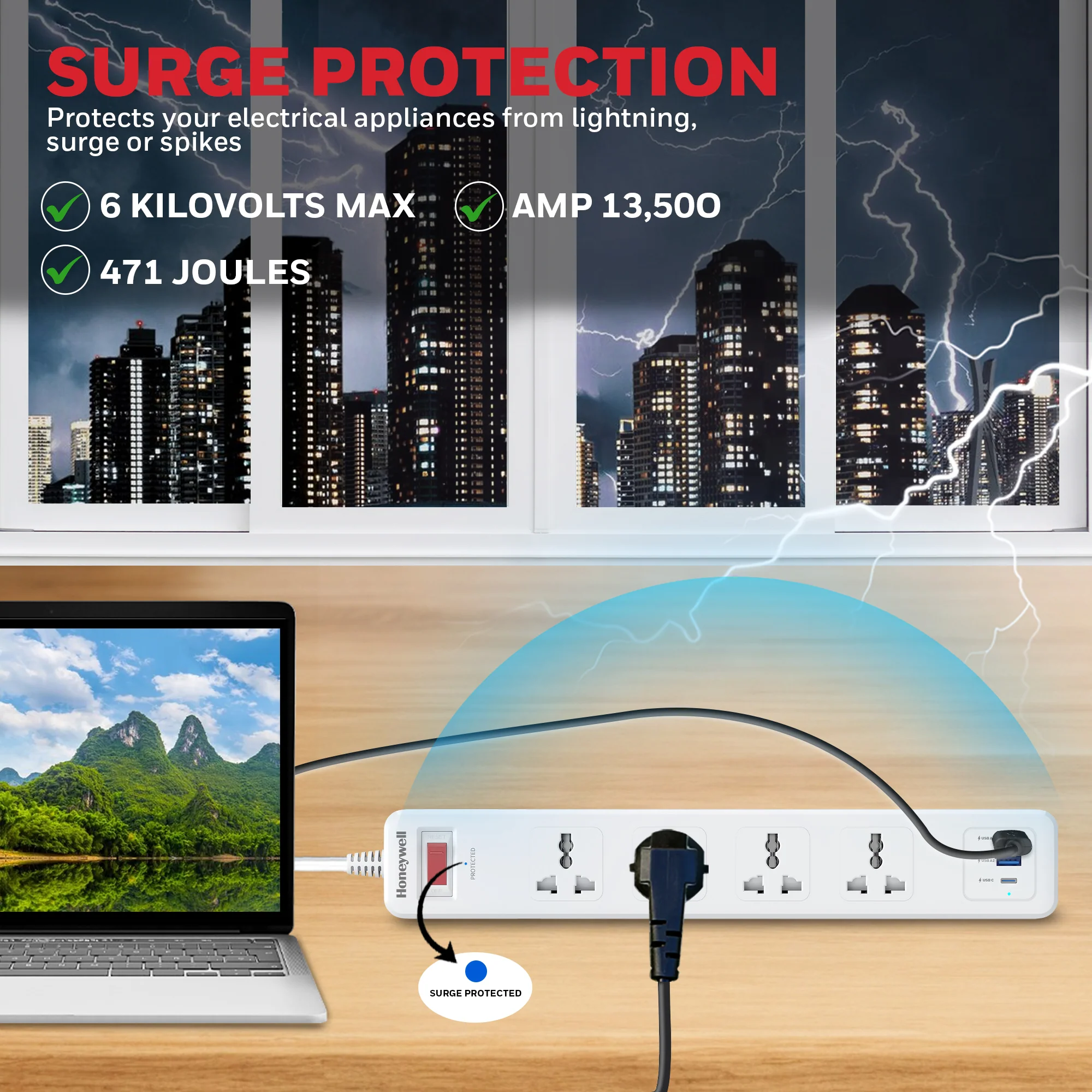 4 Outlet Surge Protector with 1xType C with PD & 2xUSB - White - Image 8