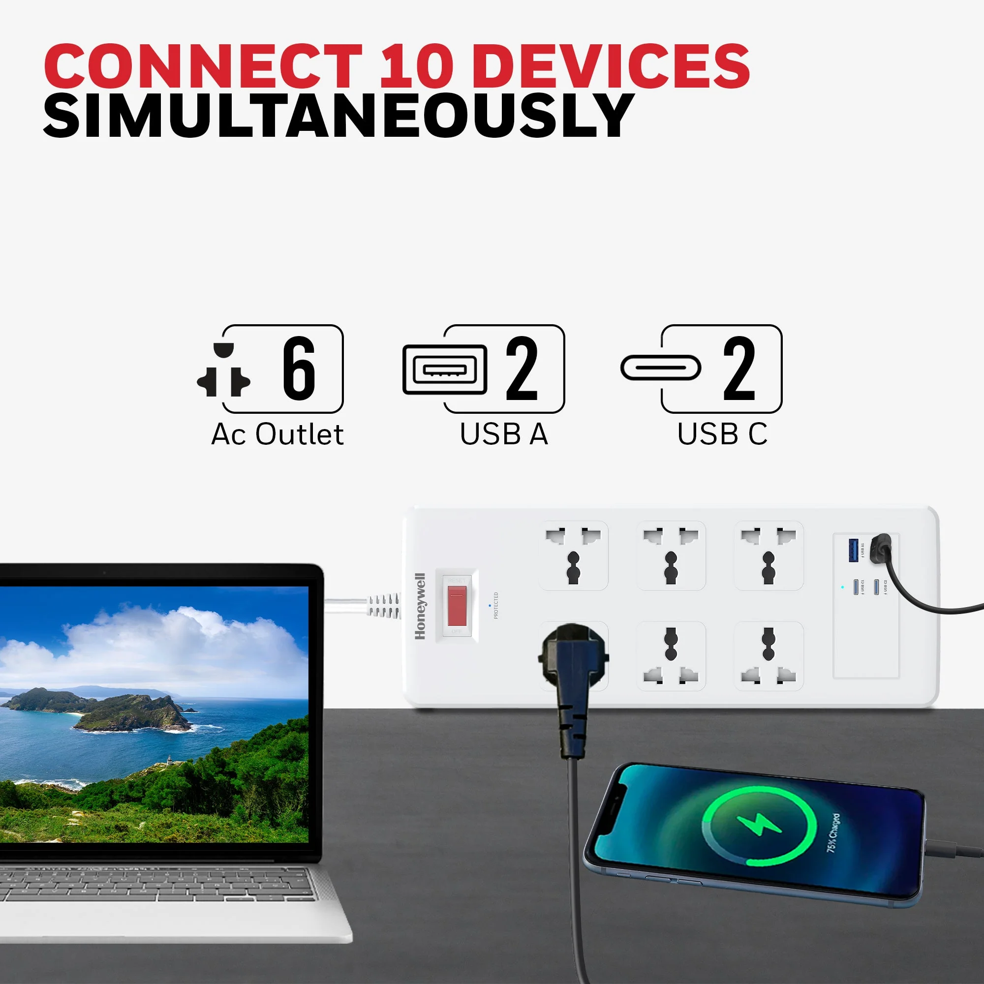 6 Outlet Surge Protector with 2xType C with PD & 2xUSB - White - Image 3