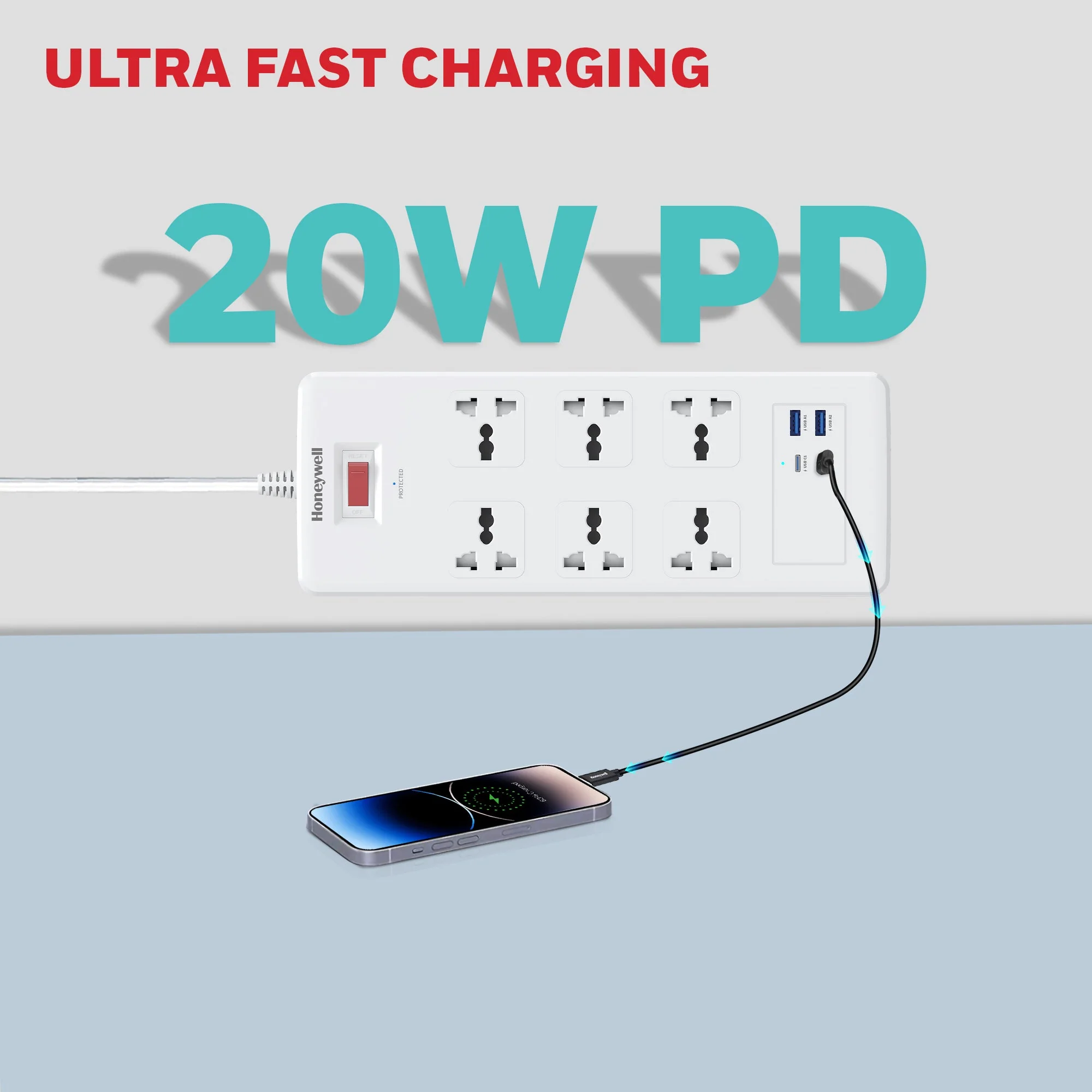 6 Outlet Surge Protector with 2xType C with PD & 2xUSB - White - Image 4