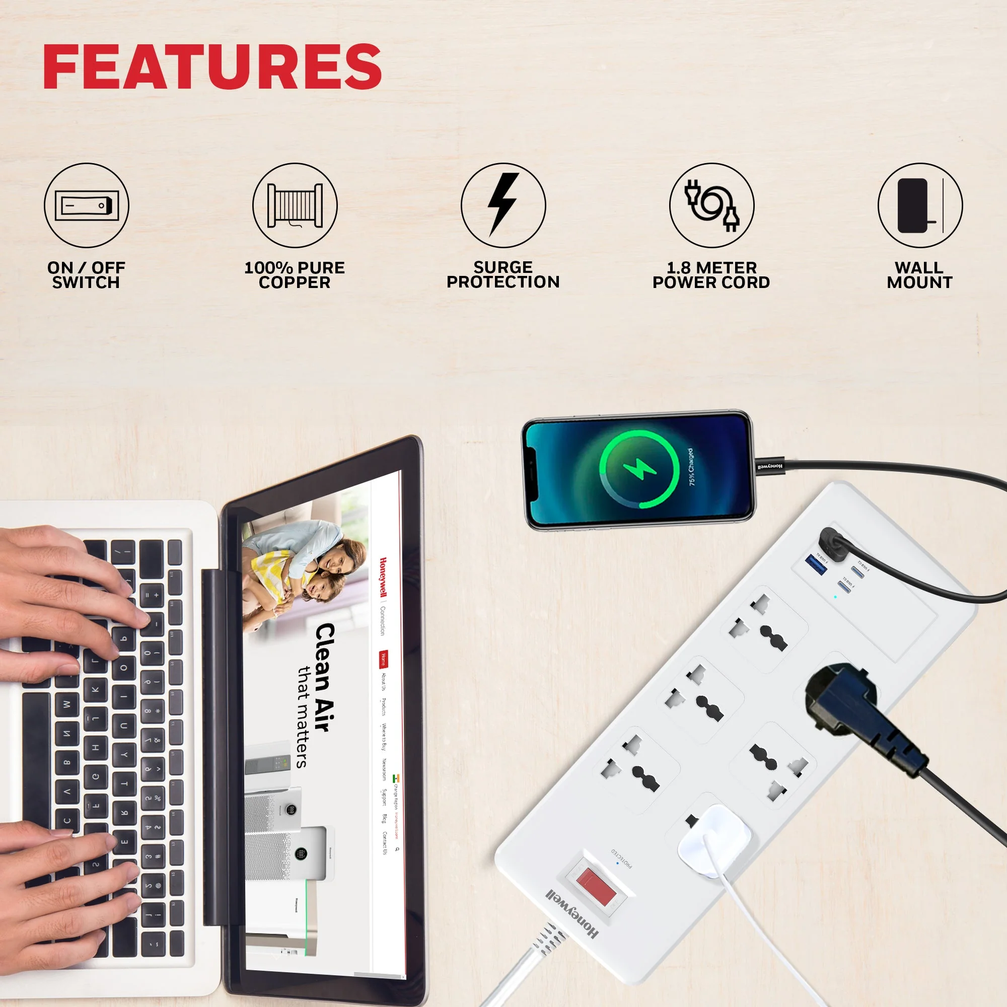 6 Outlet Surge Protector with 2xType C with PD & 2xUSB - White - Image 7