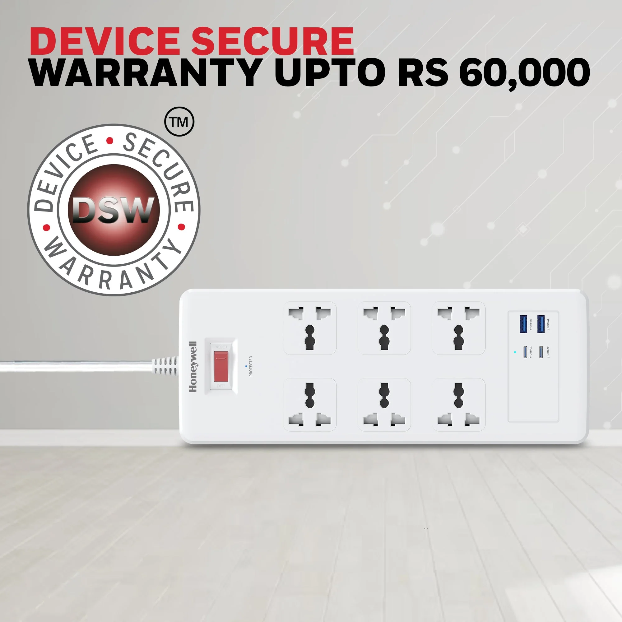 6 Outlet Surge Protector with 2xType C with PD & 2xUSB - White - Image 8