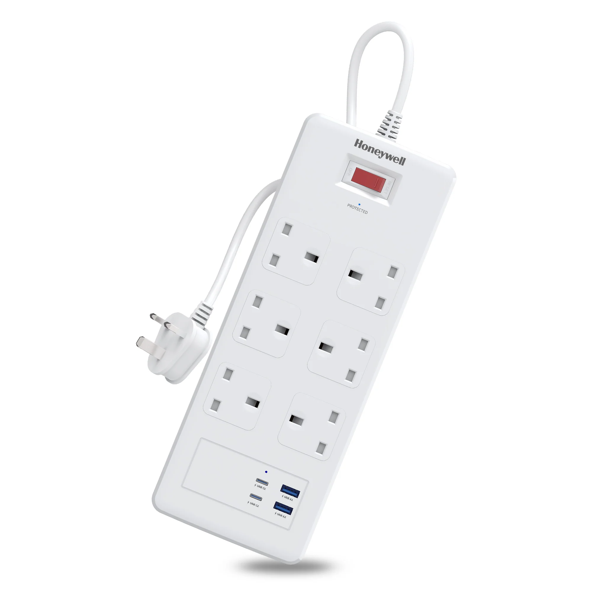 6 Outlet Surge Protector with 2xType C with PD & 2xUSB - White