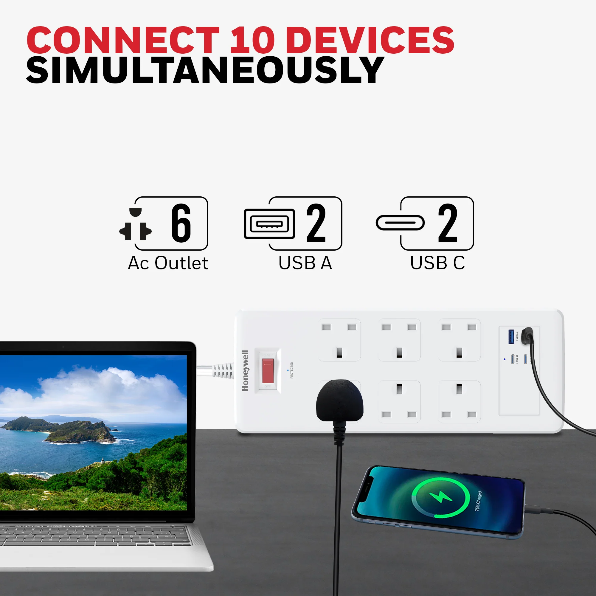 6 Outlet Surge Protector with 2xType C with PD & 2xUSB - White - Image 2