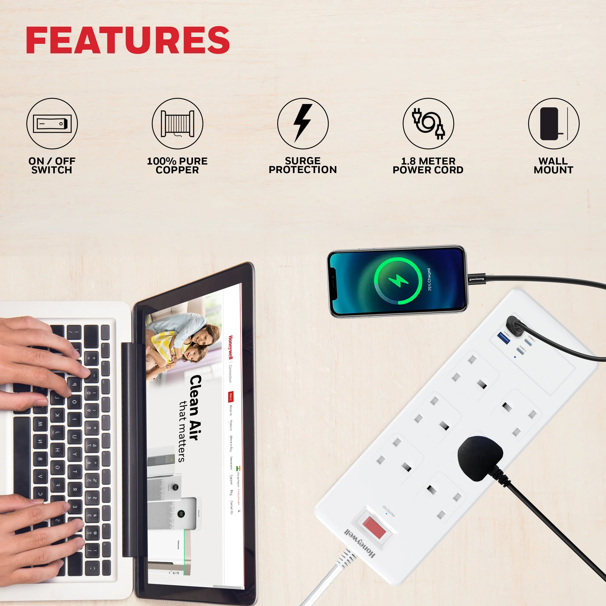 6 Outlet Surge Protector with 2xType C with PD & 2xUSB - White - Image 4