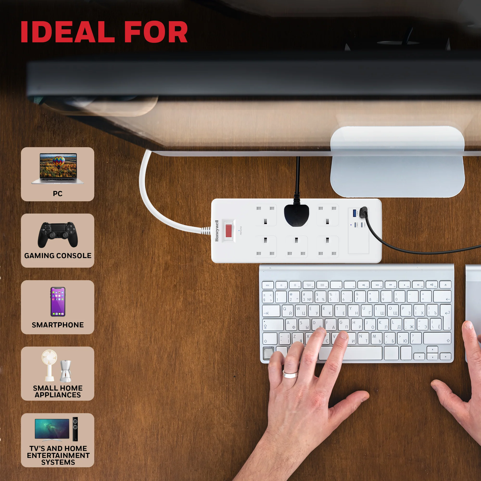 6 Outlet Surge Protector with 2xType C with PD & 2xUSB - White - Image 5