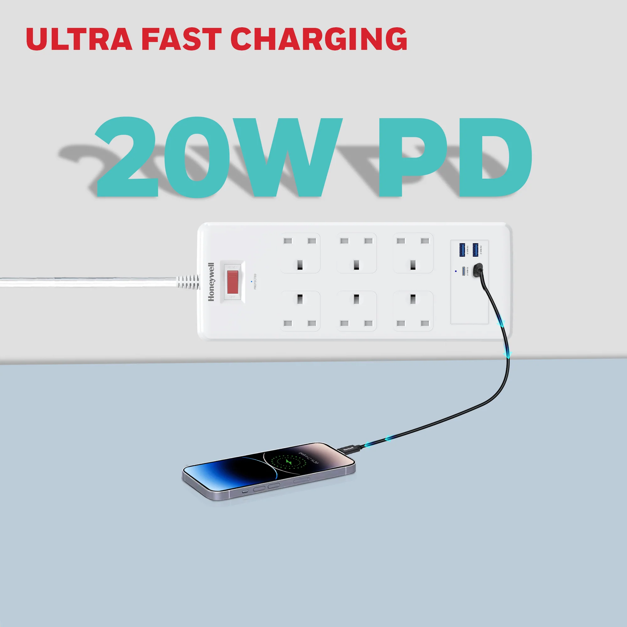 6 Outlet Surge Protector with 2xType C with PD & 2xUSB - White - Image 6