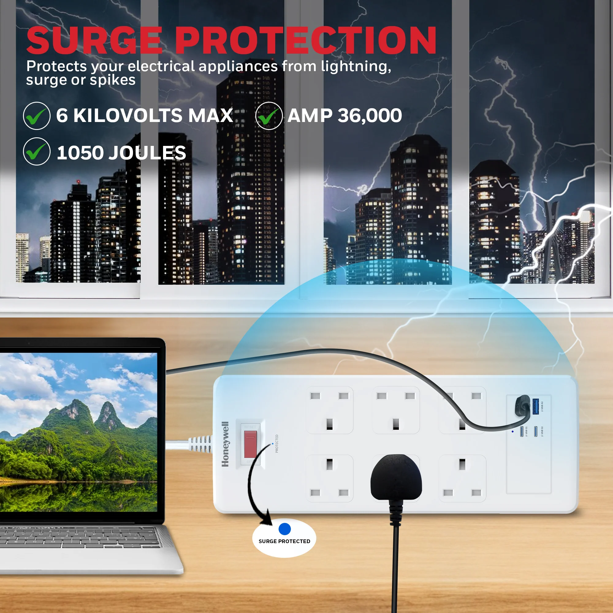 6 Outlet Surge Protector with 2xType C with PD & 2xUSB - White - Image 8