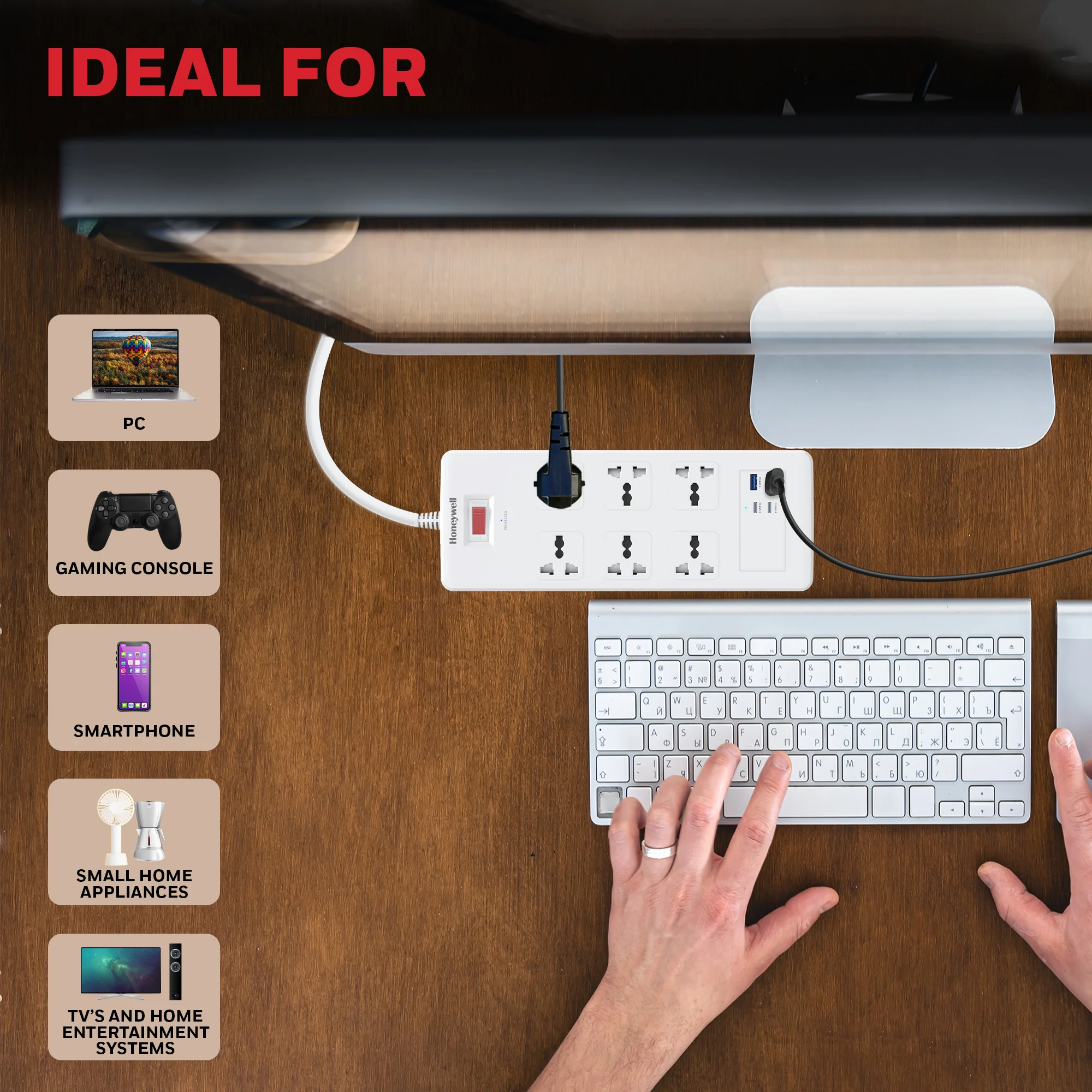 6 Outlet Surge Protector with 2xType C with PD & 2xUSB - White - Image 5