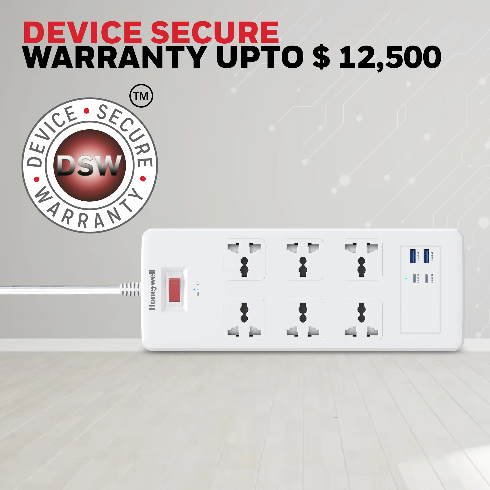 6 Outlet Surge Protector with 2xType C with PD & 2xUSB - White - Image 7