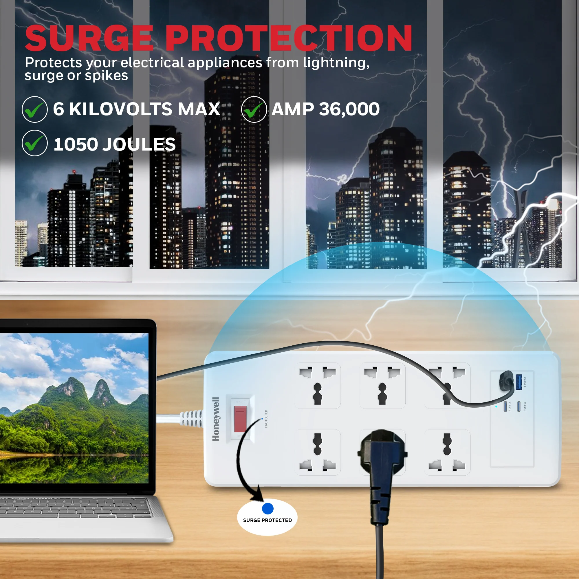 6 Outlet Surge Protector with 2xType C with PD & 2xUSB - White - Image 8