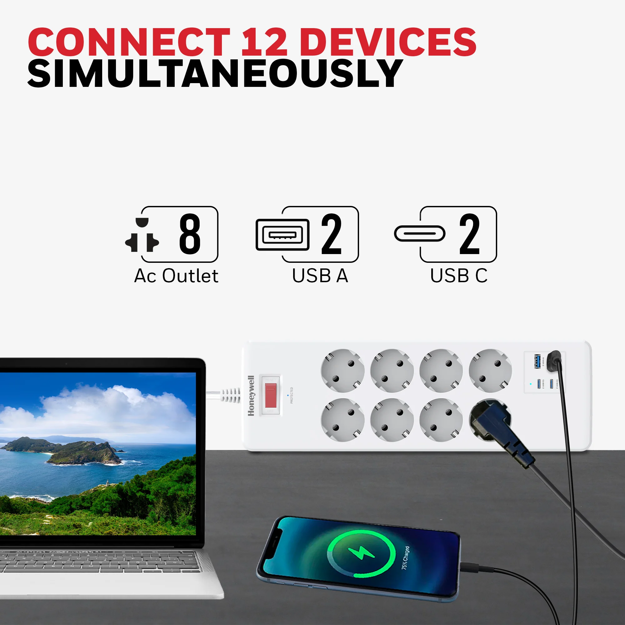 8 Outlet Surge Protector with 2 Type C with PD & 2 USB - White - Image 2
