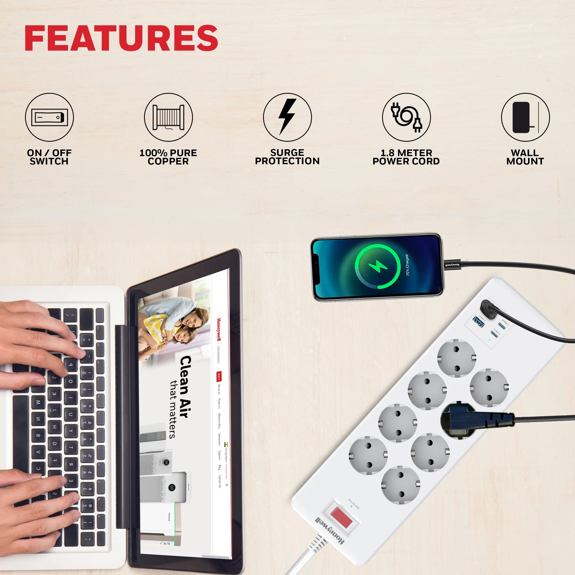 8 Outlet Surge Protector with 2 Type C with PD & 2 USB - White - Image 4