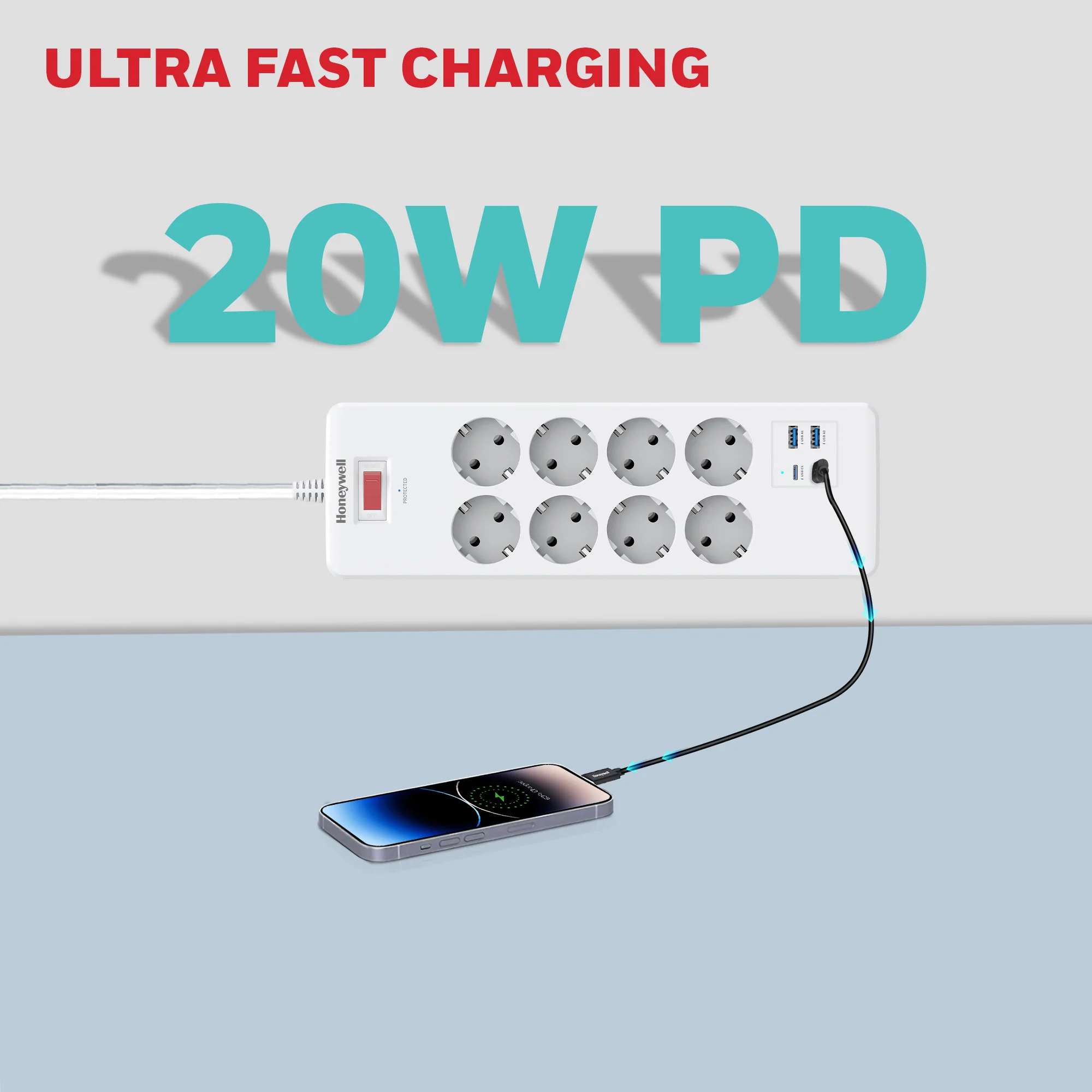 8 Outlet Surge Protector with 2 Type C with PD & 2 USB - White - Image 6