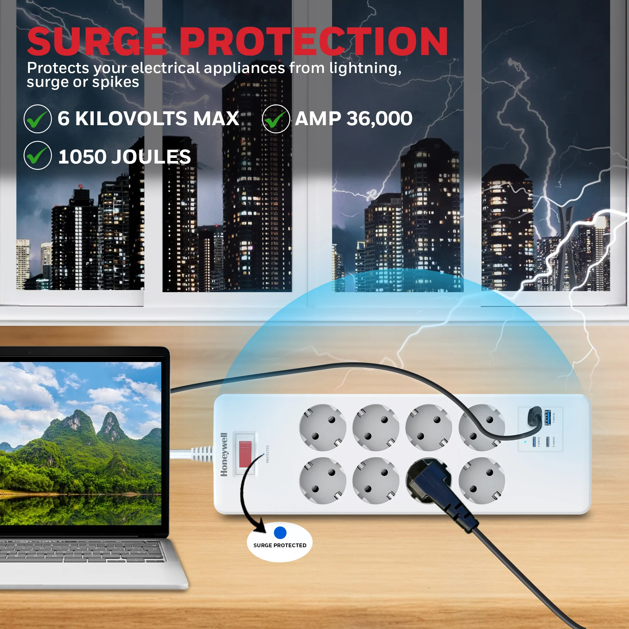 8 Outlet Surge Protector with 2 Type C with PD & 2 USB - White - Image 8