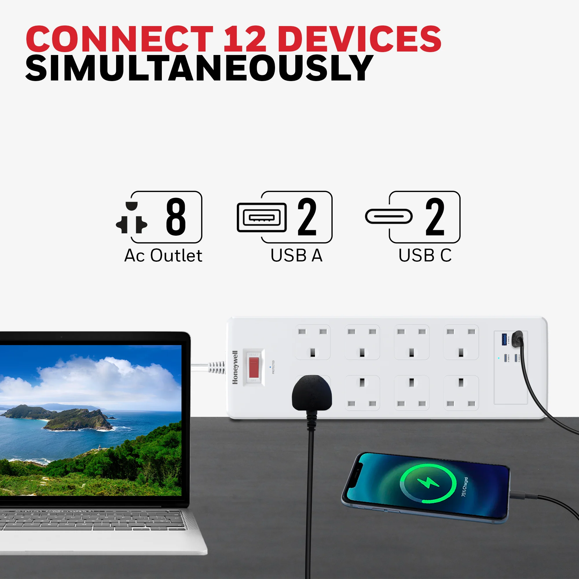 8 Outlet Surge Protector with 2 Type C with PD & 2 USB - White - Image 2